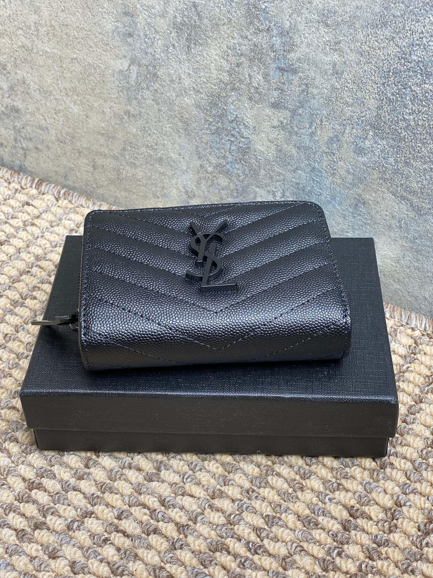 YSL Cassandre Matelassé Compact Zip-Around Wallet Full Black Caviar Cowhide mysite