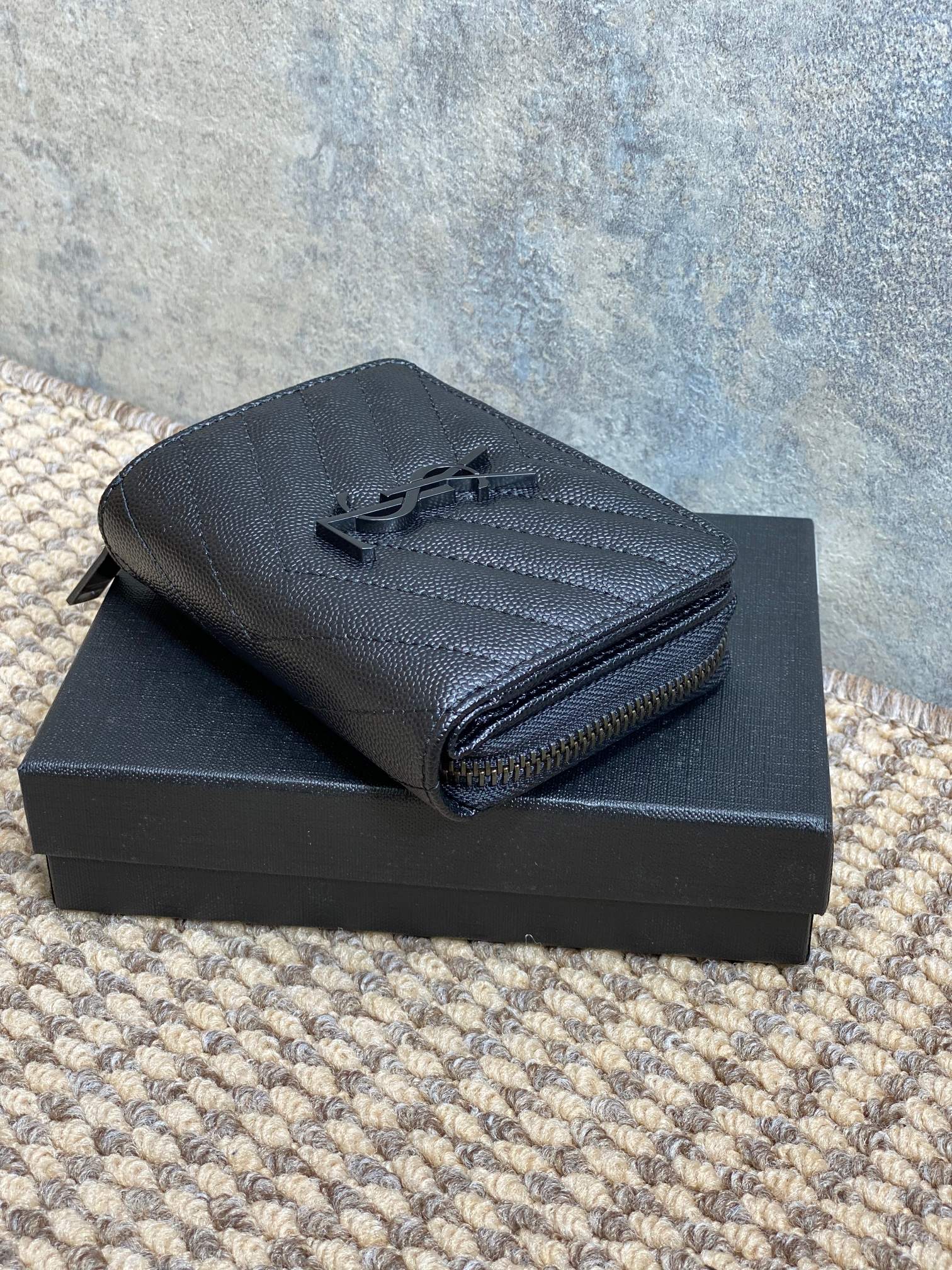 YSL Cassandre Matelassé Compact Zip-Around Wallet Full Black Caviar Cowhide mysite