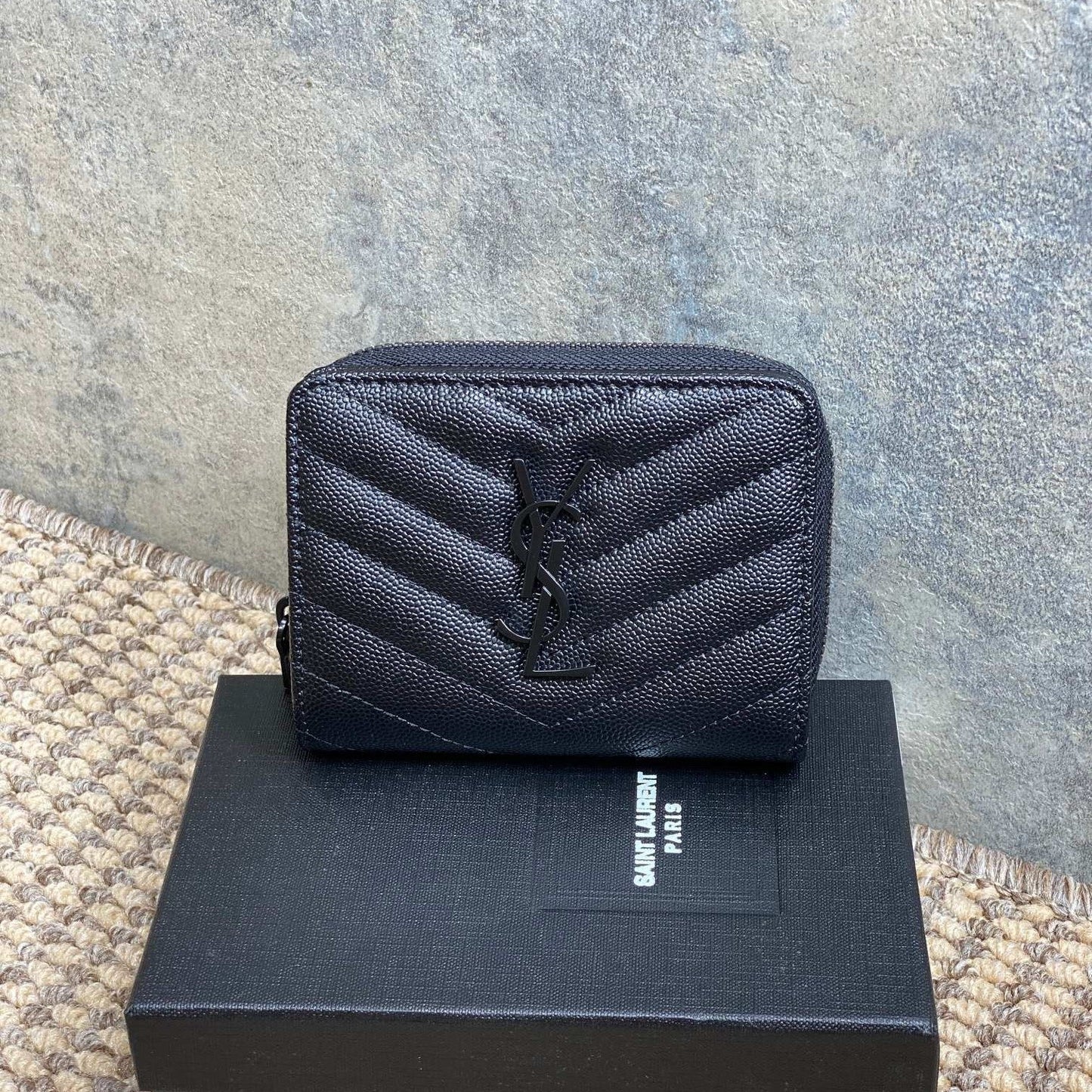 YSL Cassandre Matelassé Compact Zip-Around Wallet Full Black Caviar Cowhide mysite