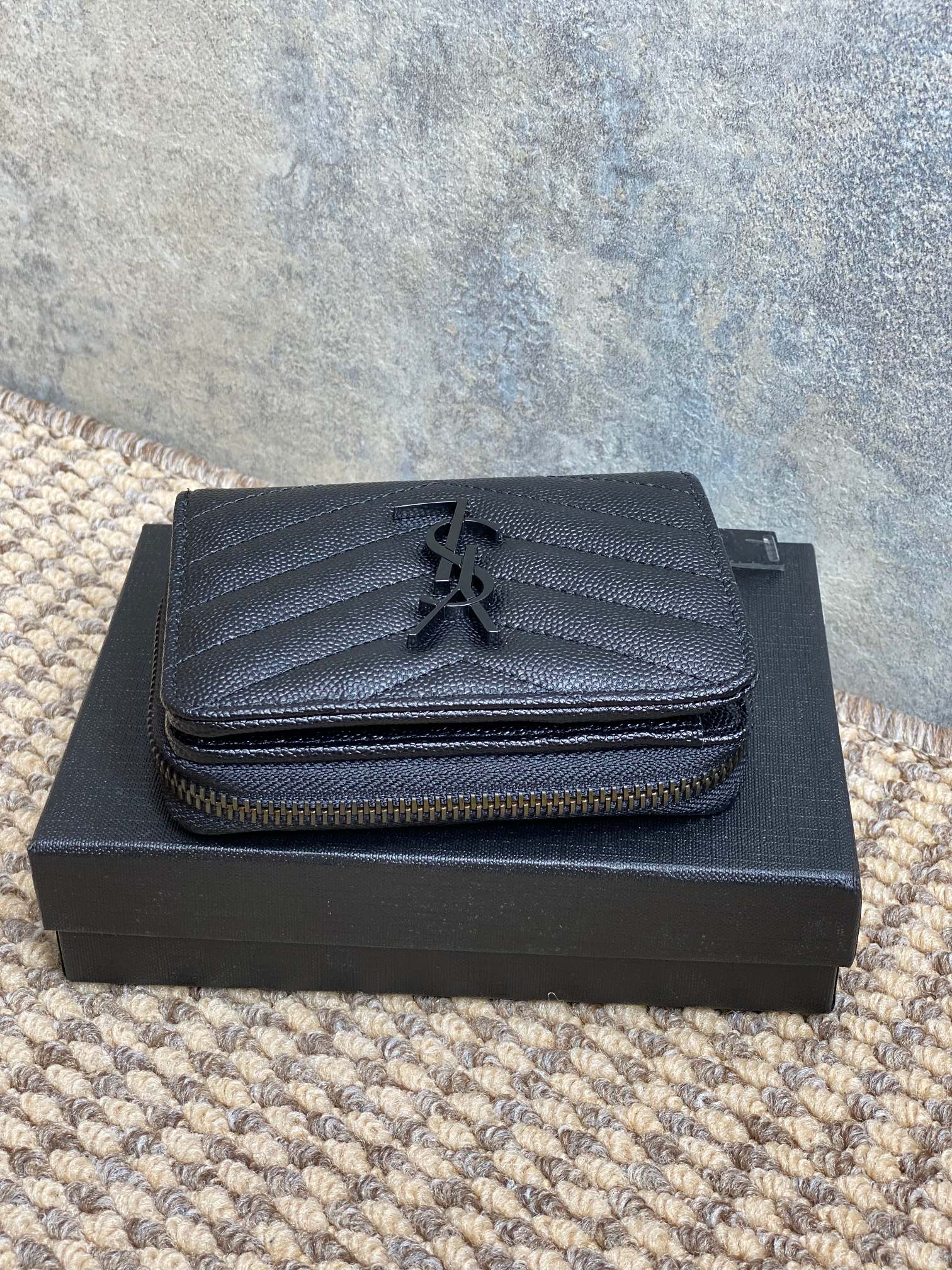YSL Cassandre Matelassé Compact Zip-Around Wallet Full Black Caviar Cowhide mysite