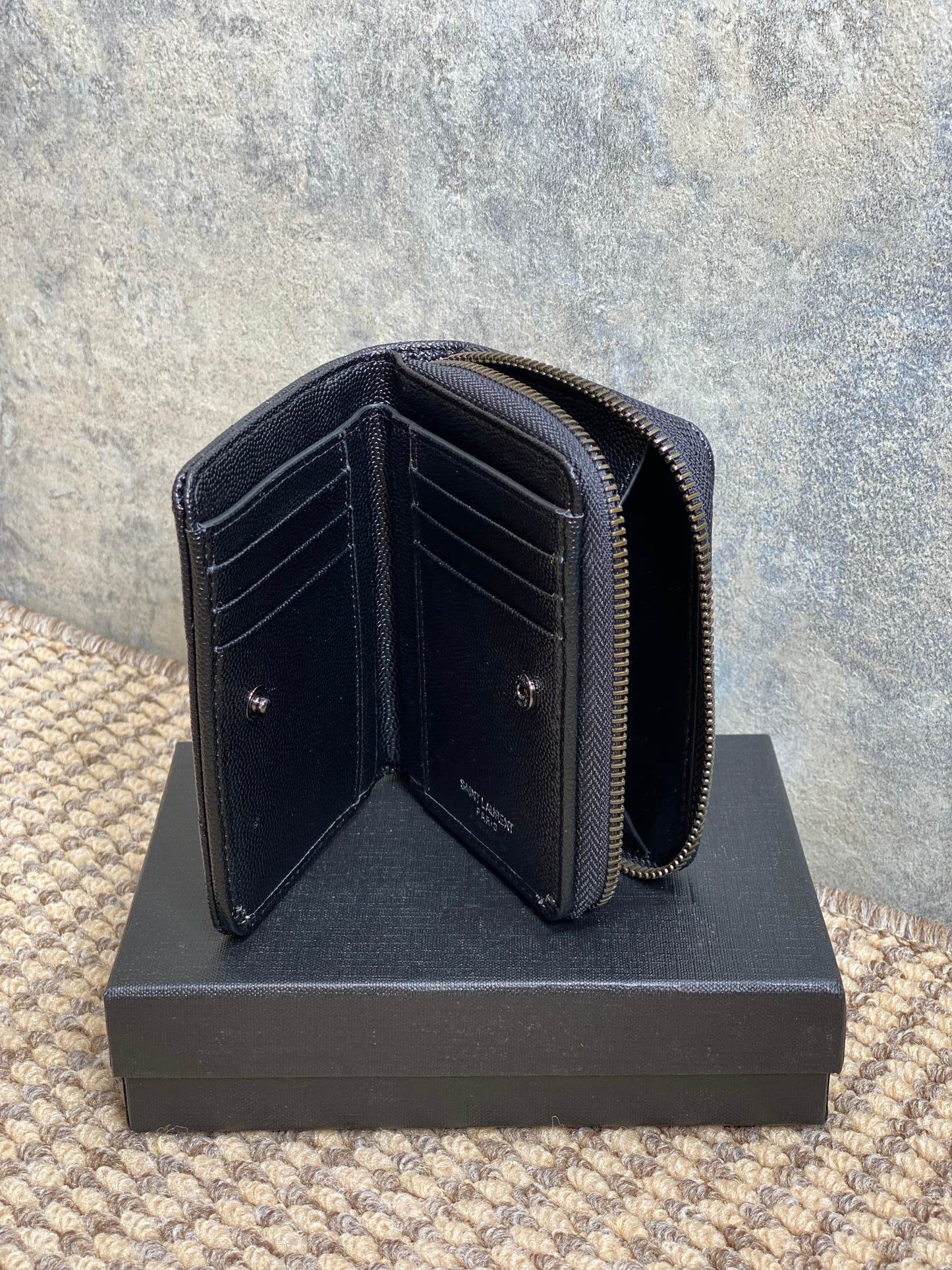 YSL Cassandre Matelassé Compact Zip-Around Wallet Full Black Caviar Cowhide mysite