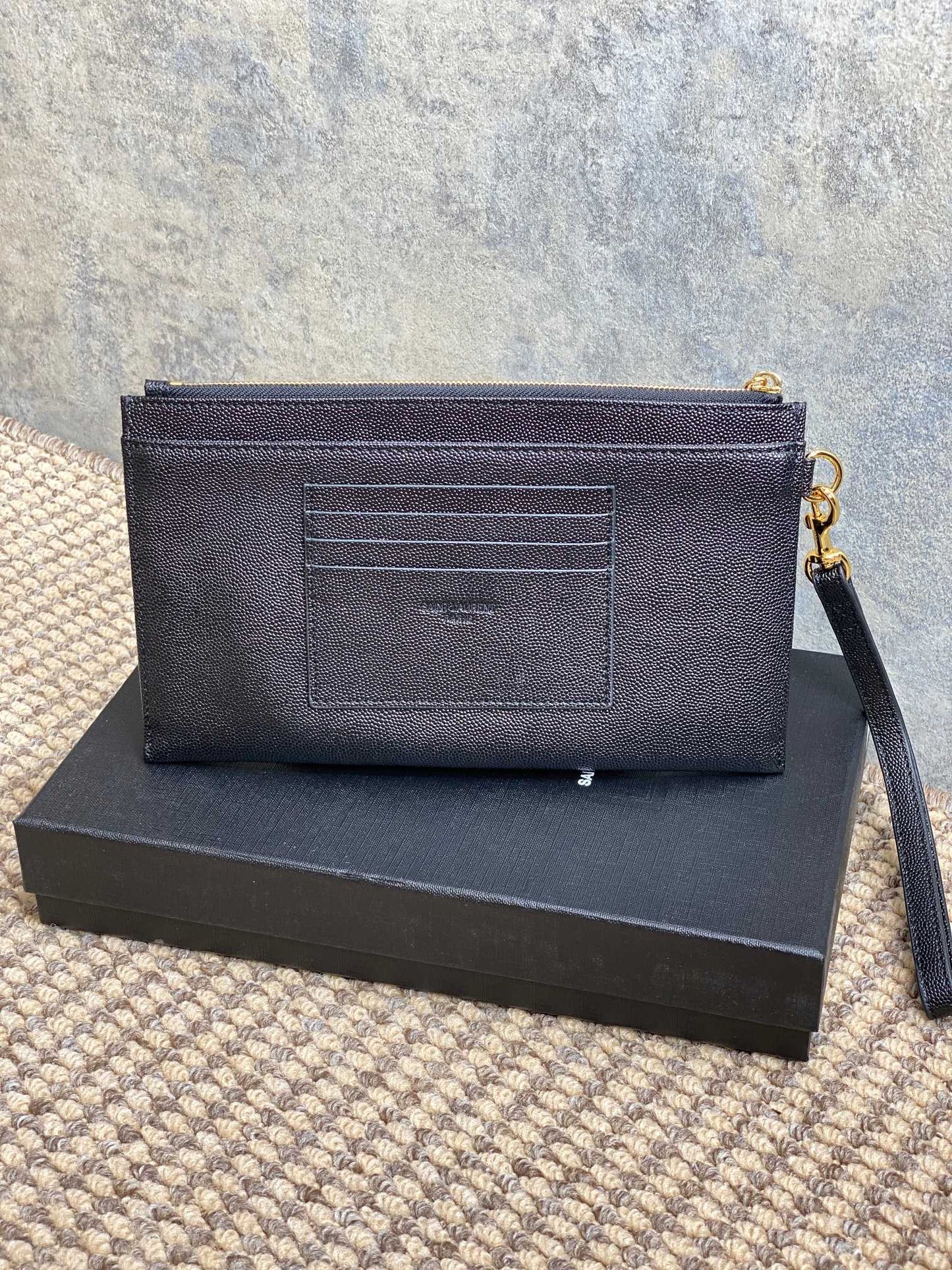 YSL Gold Hardware Logo Zipper Clutch 23cm Black Caviar Cowhide mysite