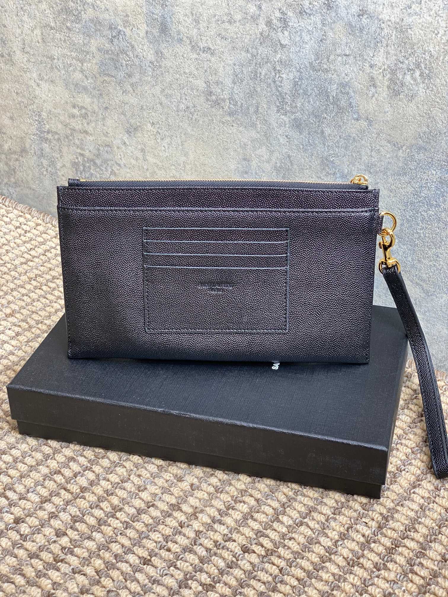 YSL Gold Hardware Logo Zipper Clutch 23cm Black Caviar Cowhide mysite