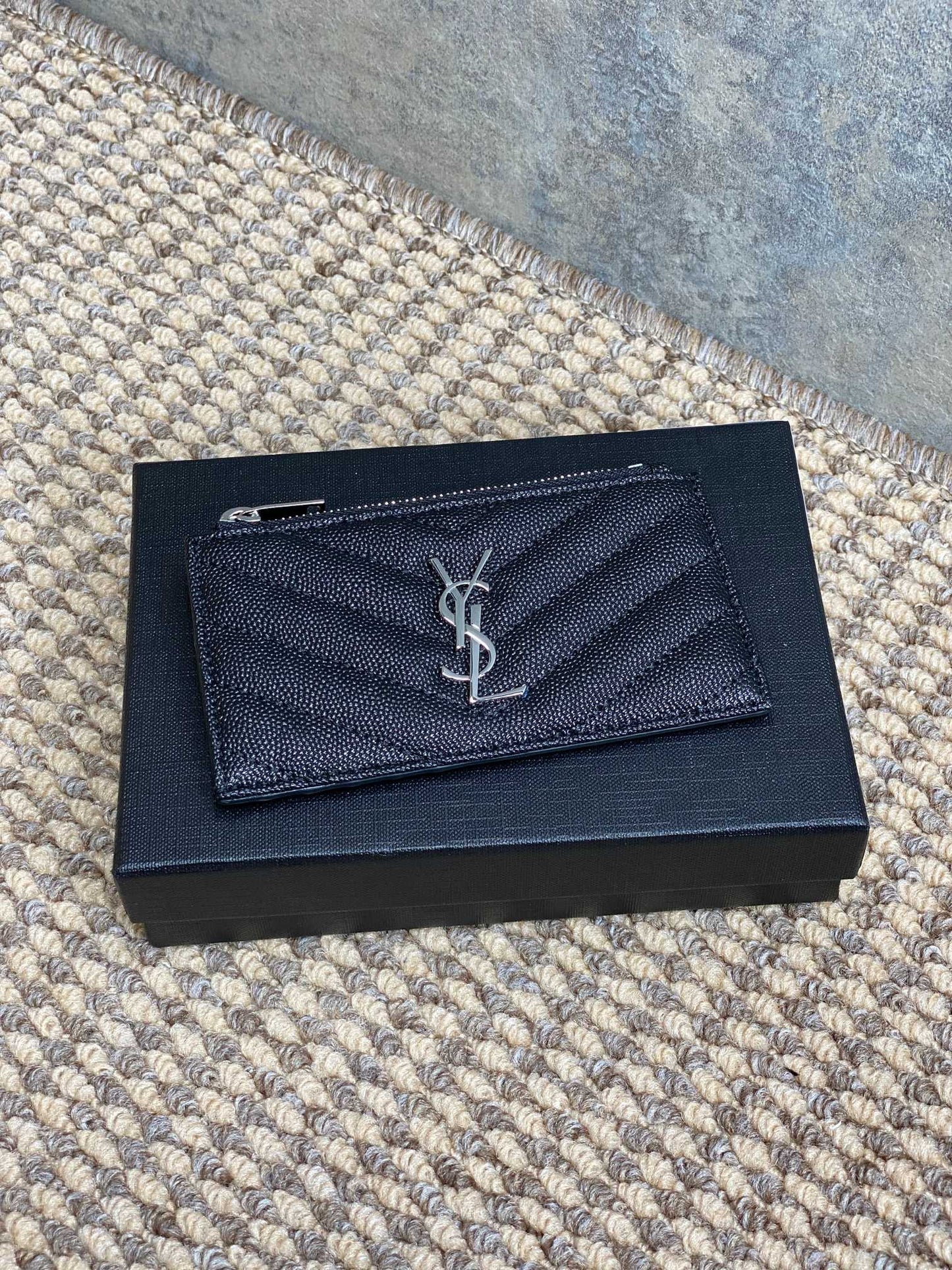 YSL Zip Coin Case With Card Black Caviar Cowhide Sliver HW mysite