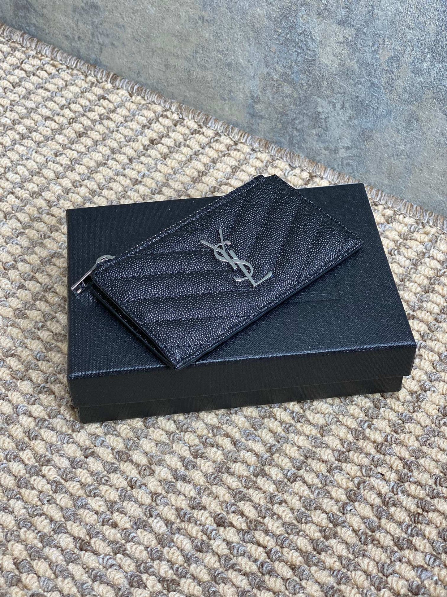 YSL Zip Coin Case With Card Black Caviar Cowhide Sliver HW mysite