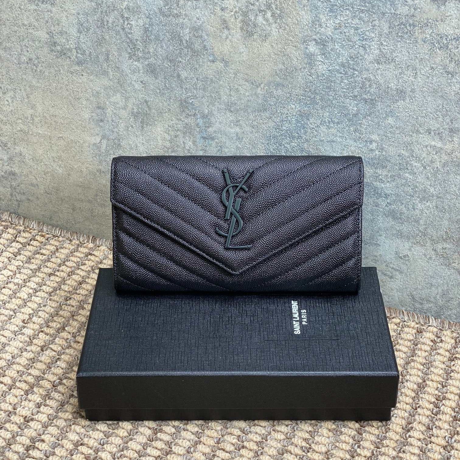 YSL Cassandre Envelope Flap Wallet Full Black Caviar Cowhide mysite