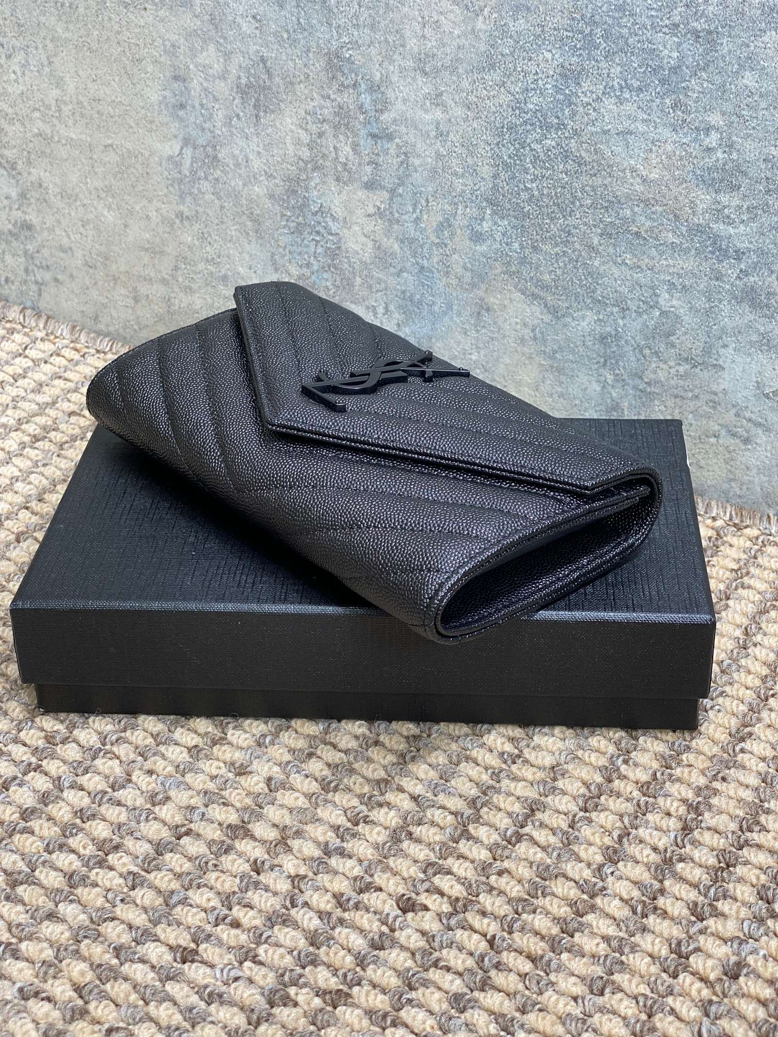 YSL Cassandre Envelope Flap Wallet Full Black Caviar Cowhide mysite