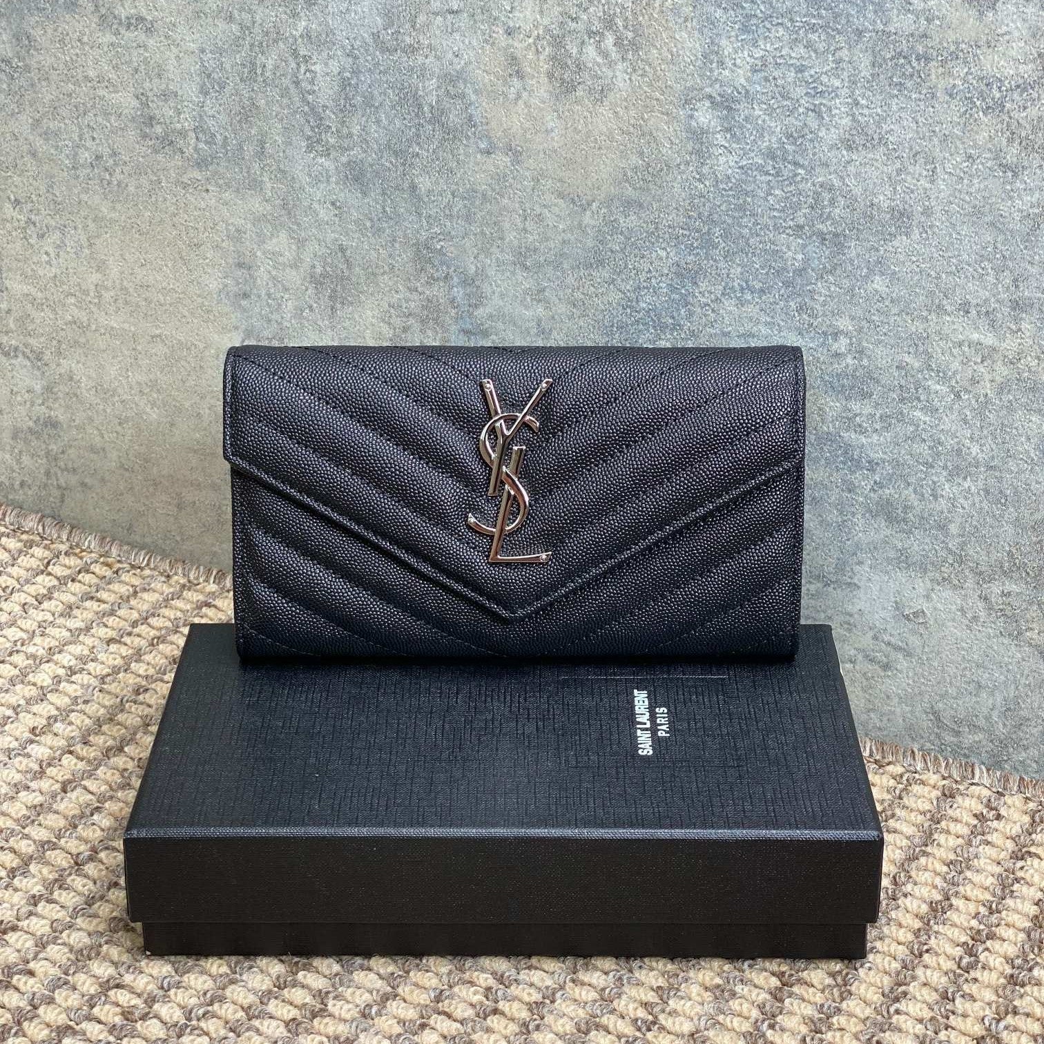 YSL Cassandre Envelope Flap Wallet Black Caviar Cowhide Sliver HW mysite