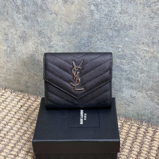 YSL Compact Flap Cassendre Wallet 10cm Black Leather Sliver HW mysite