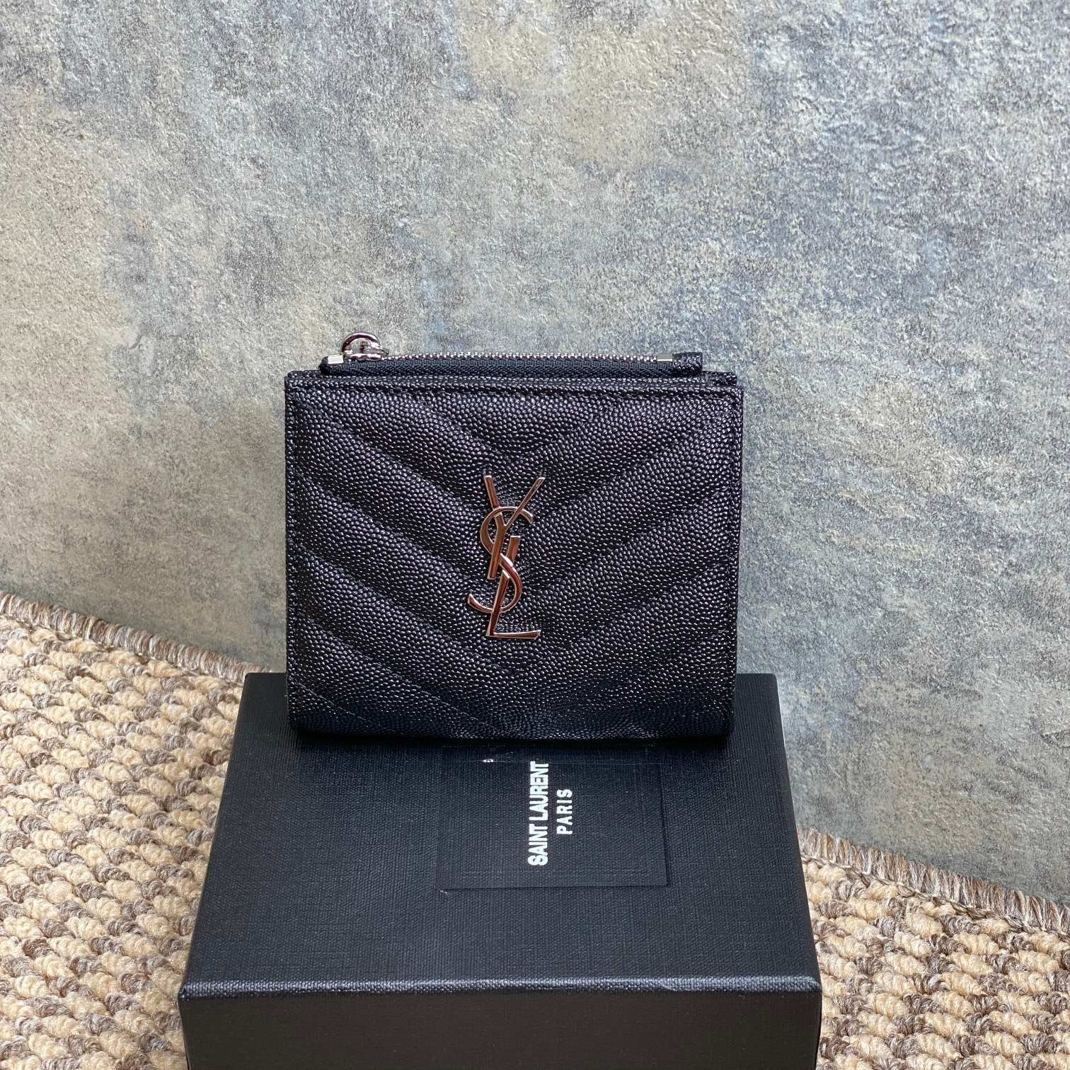 YSL Cassandre Matelassé Bi-Fold Wallet Black Caviar Cowhide Sliver HW mysite