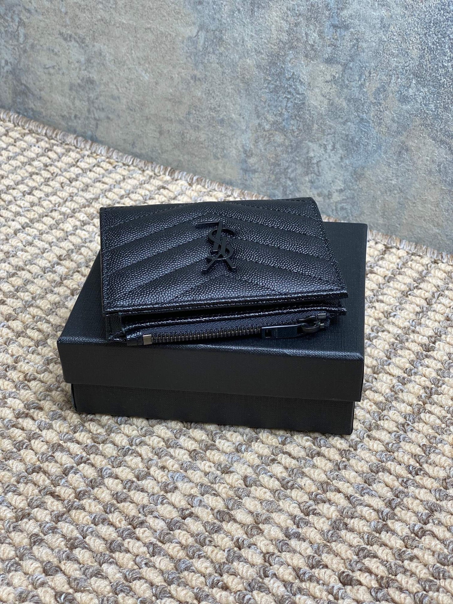 YSL Cassandre Matelassé Bi-Fold Wallet Full Black Caviar Cowhide mysite