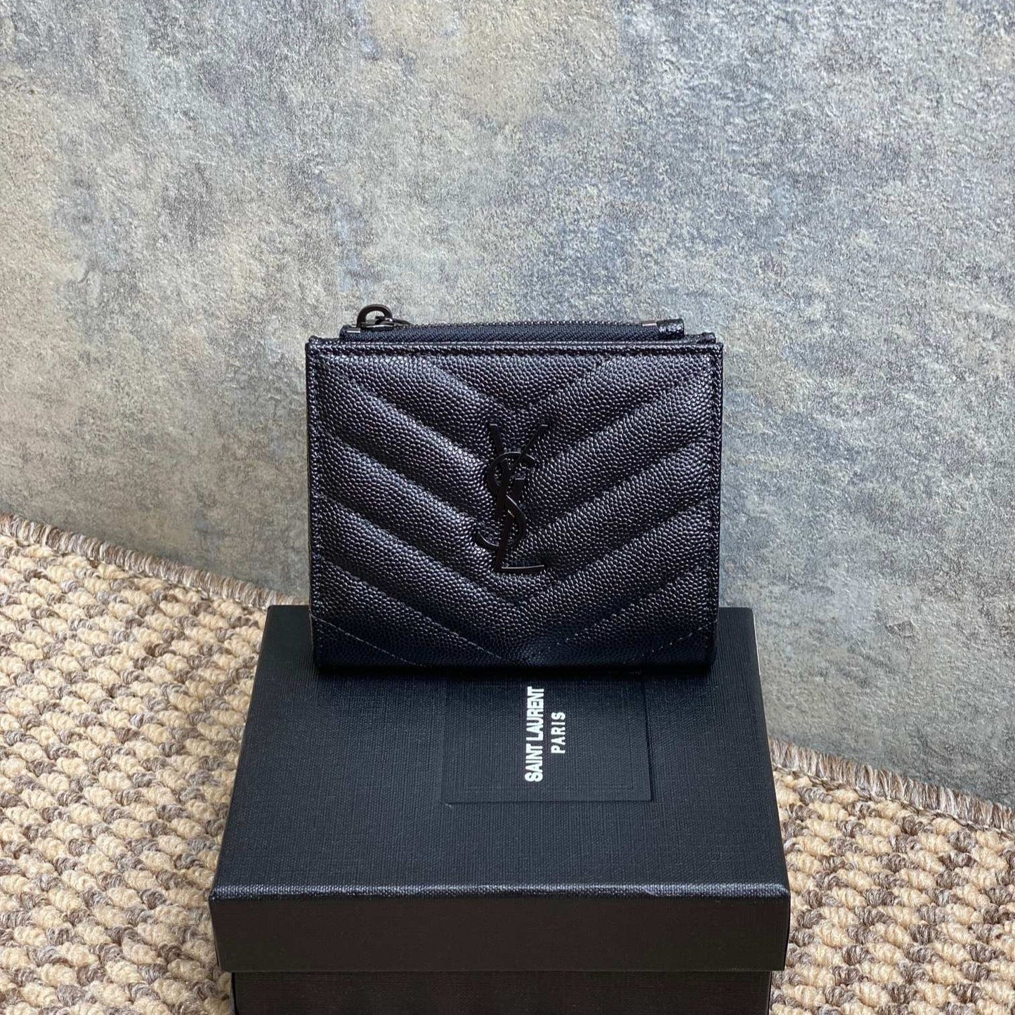 YSL Cassandre Matelassé Bi-Fold Wallet Full Black Caviar Cowhide mysite