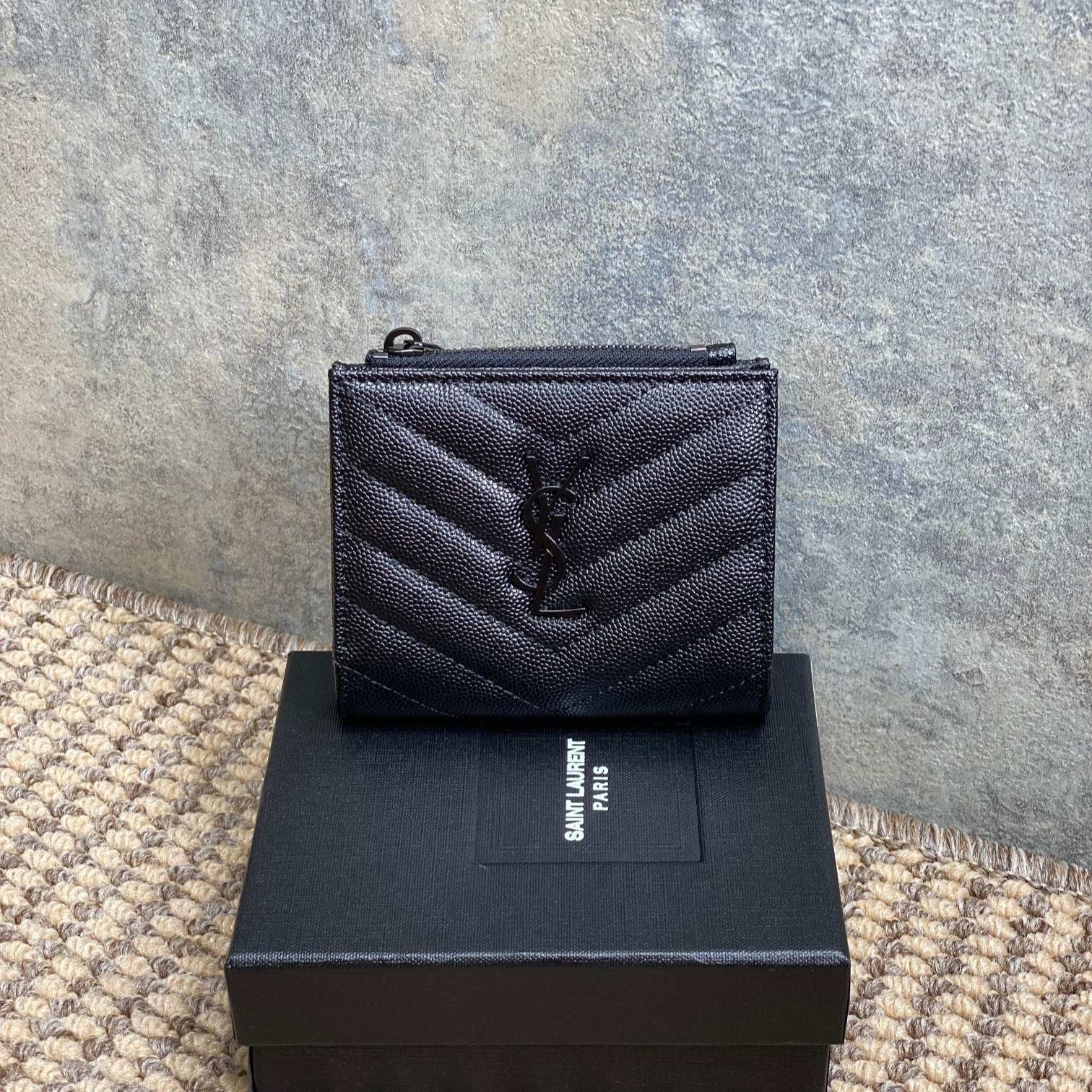 YSL Cassandre Matelassé Bi-Fold Wallet Full Black Caviar Cowhide mysite