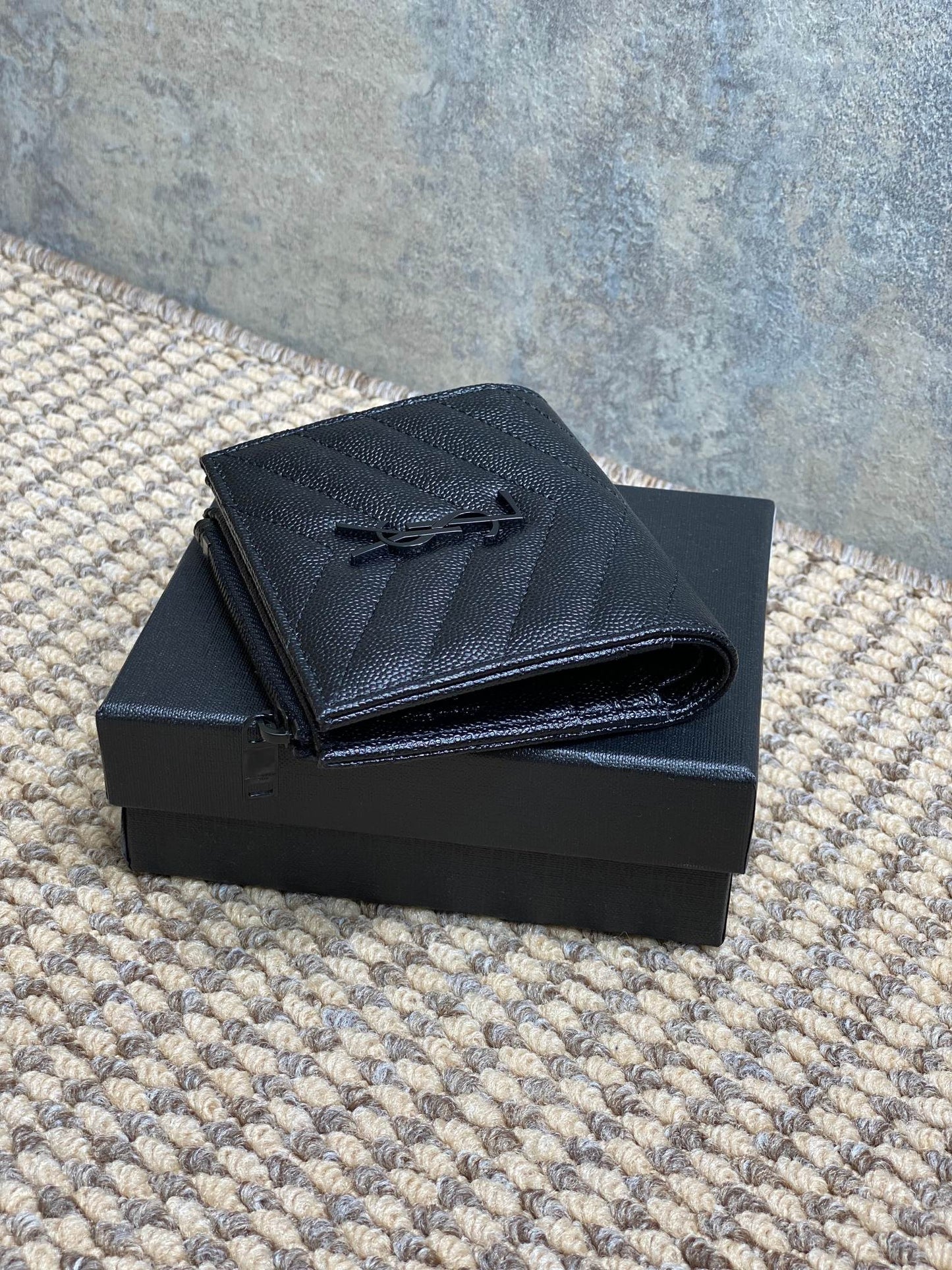 YSL Cassandre Matelassé Bi-Fold Wallet Full Black Caviar Cowhide mysite