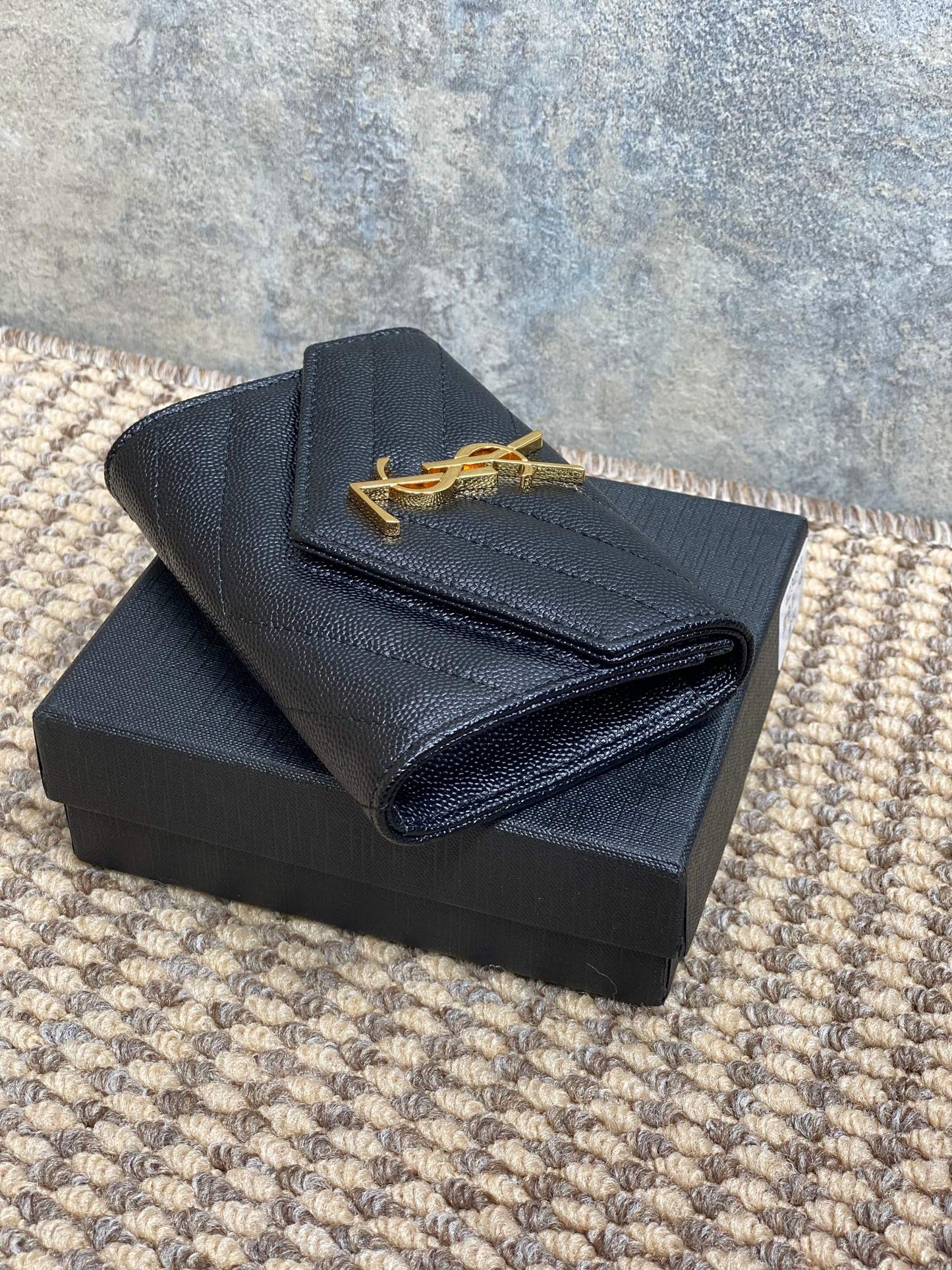 YSL GHW Logo Monogram Card Flap Wallet 13.5cm Black Caviar Cowhide mysite