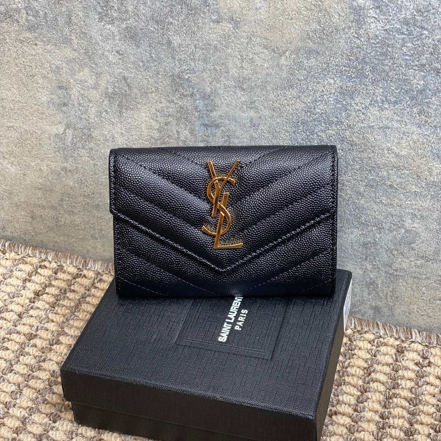 YSL GHW Logo Monogram Card Flap Wallet 13.5cm Black Caviar Cowhide mysite
