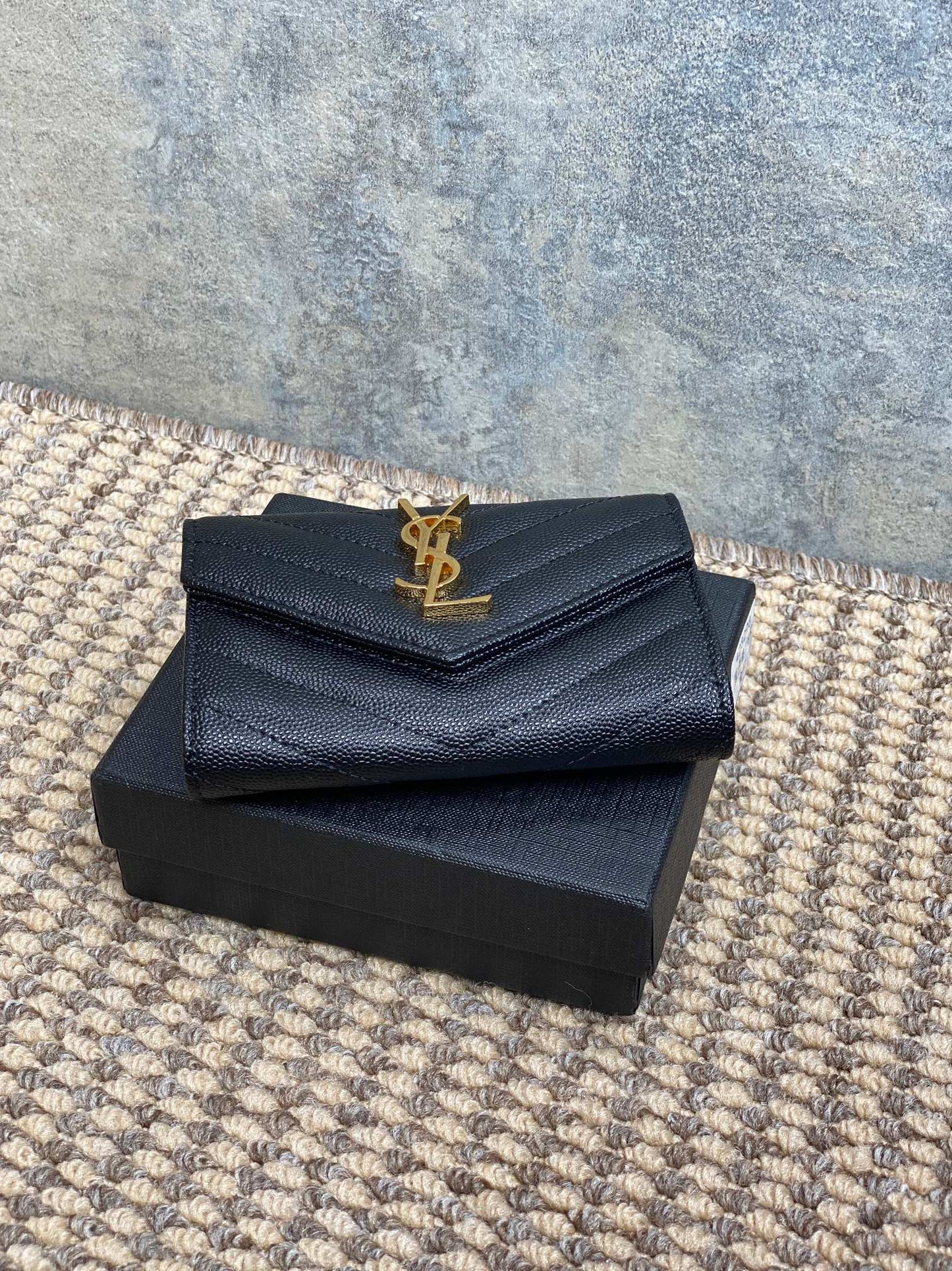 YSL GHW Logo Monogram Card Flap Wallet 13.5cm Black Caviar Cowhide mysite