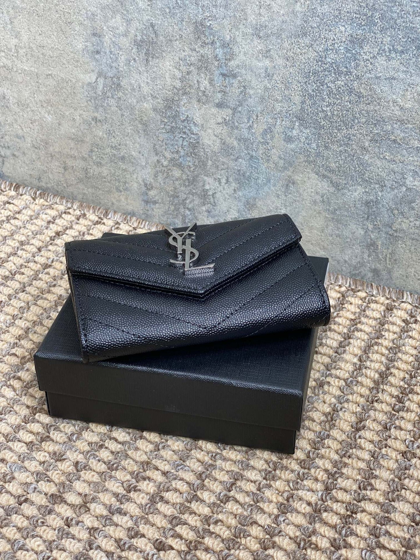 YSL Sliver Logo Monogram Card Flap Wallet 13.5cm Black Caviar Cowhide mysite
