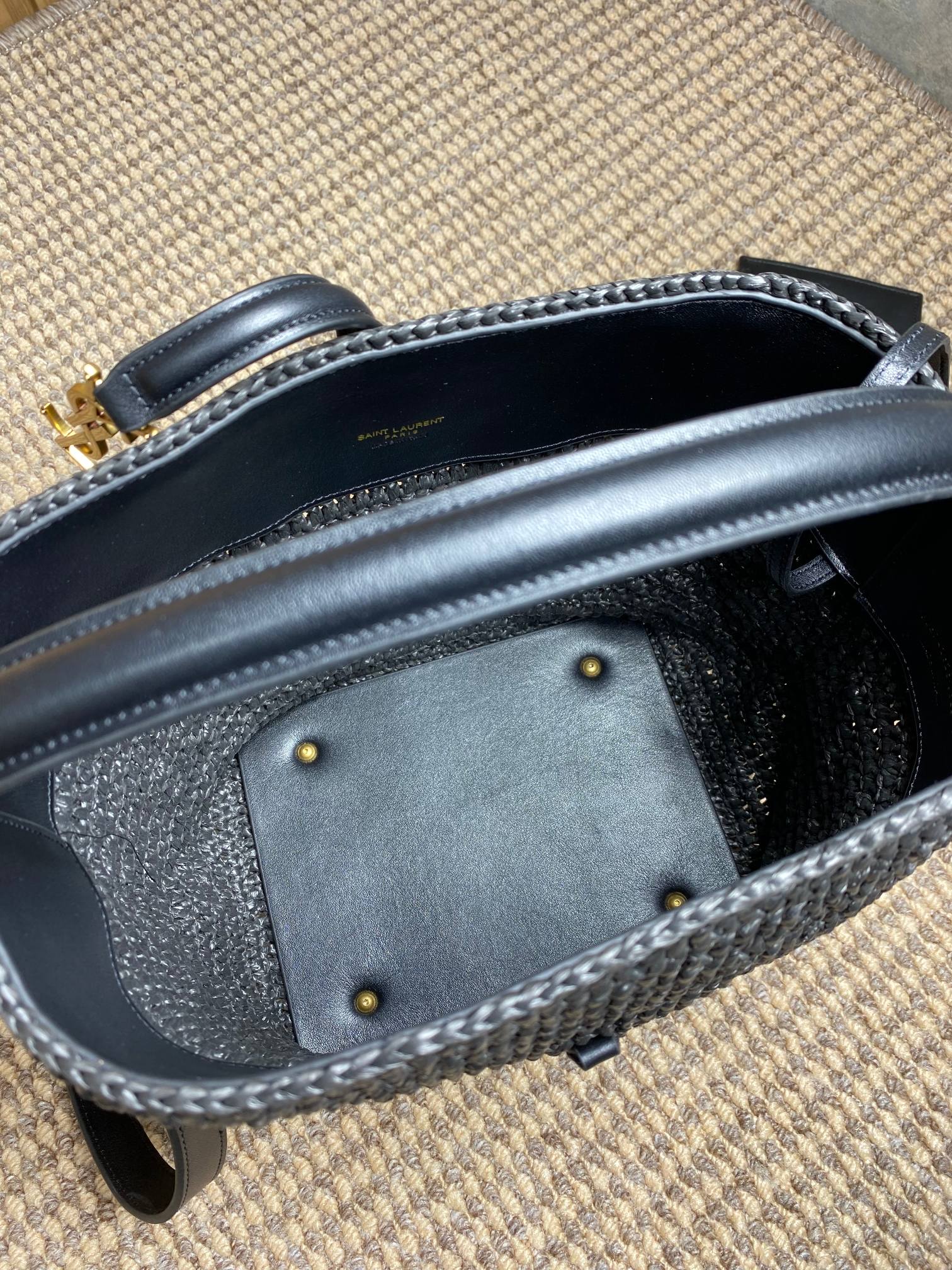 le 37 woven raffia 20cm black calfskin mysite