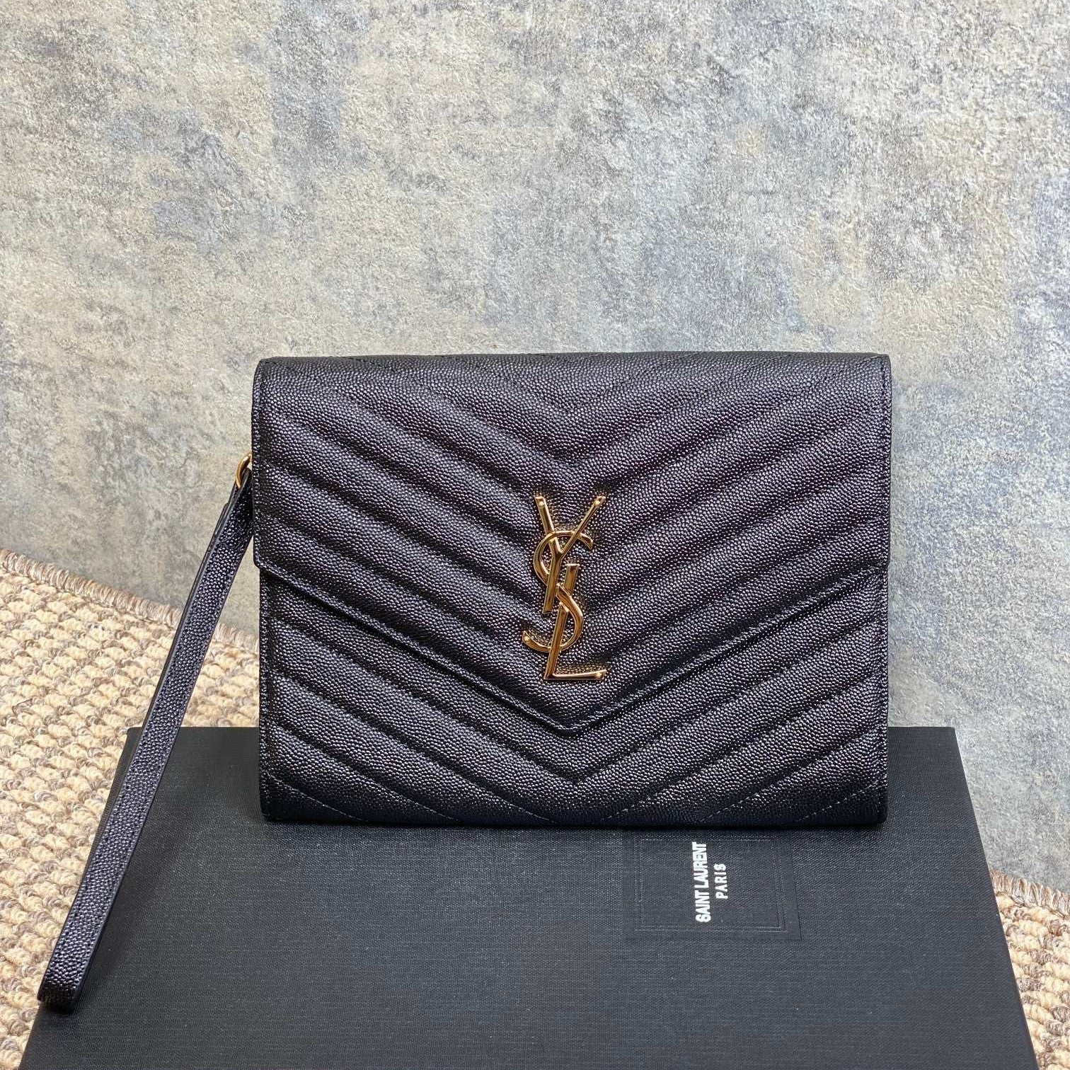 YSL Gold Hardware Logo Clutch 21cm Black Caviar Cowhide mysite
