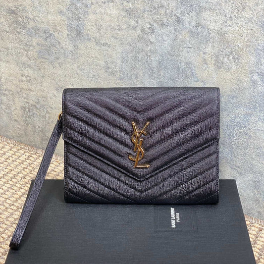 YSL Gold Hardware Logo Clutch 21cm Black Caviar Cowhide mysite