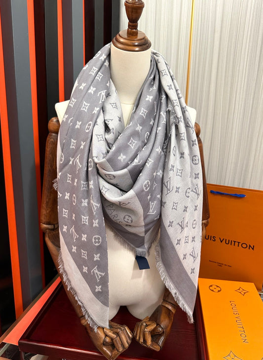 MONOGRAM 140 CM SQUARE SCARF IN STEEL GRAY MIX WHITE CASHMERE 391109 mysite