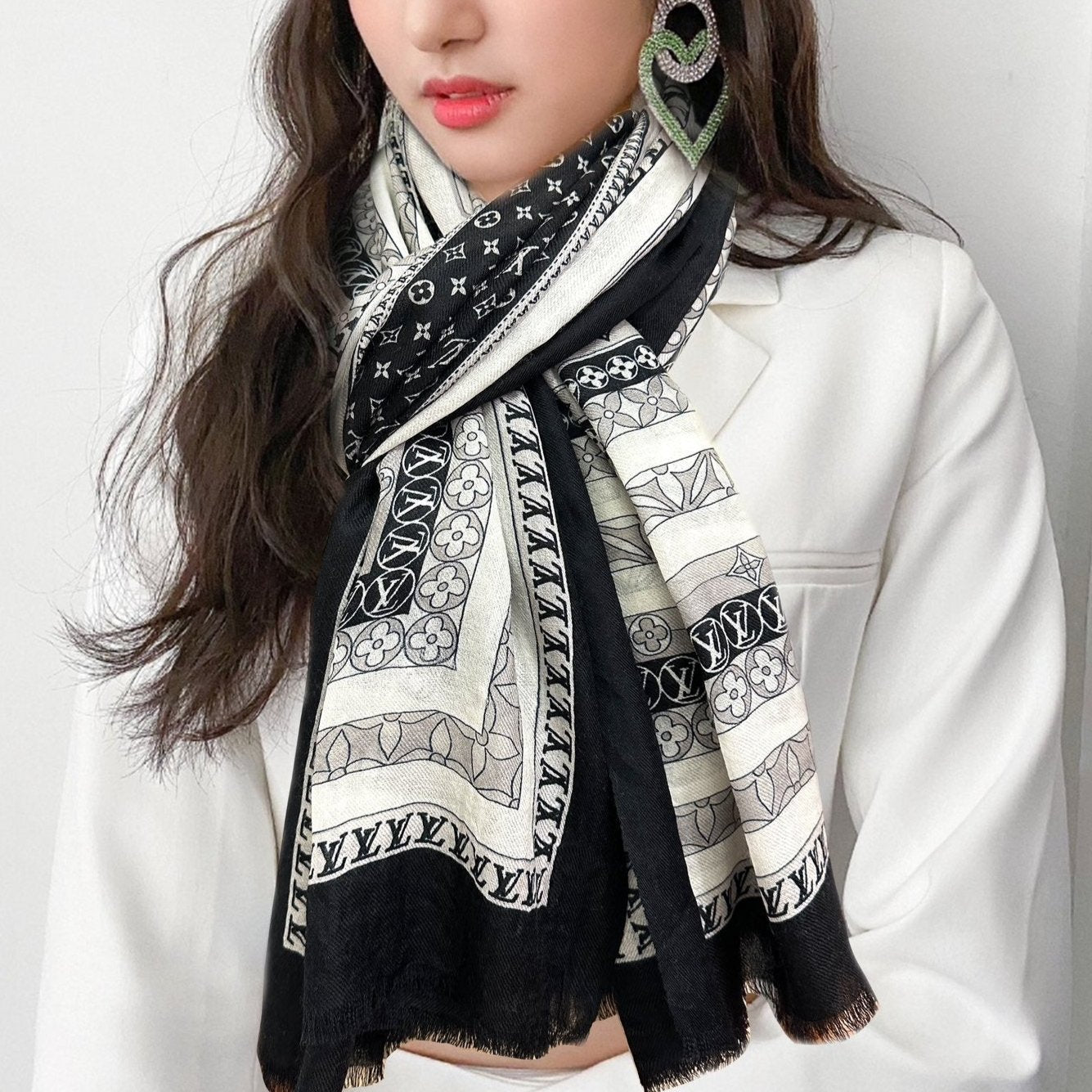 SCARF 200 CM IN BLACK MIX WHITE CASHMERE 394889 mysite