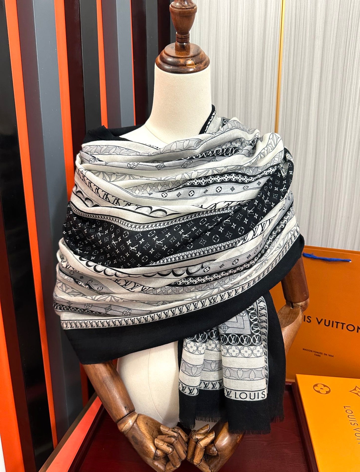 SCARF 200 CM IN BLACK MIX WHITE CASHMERE 394889 mysite