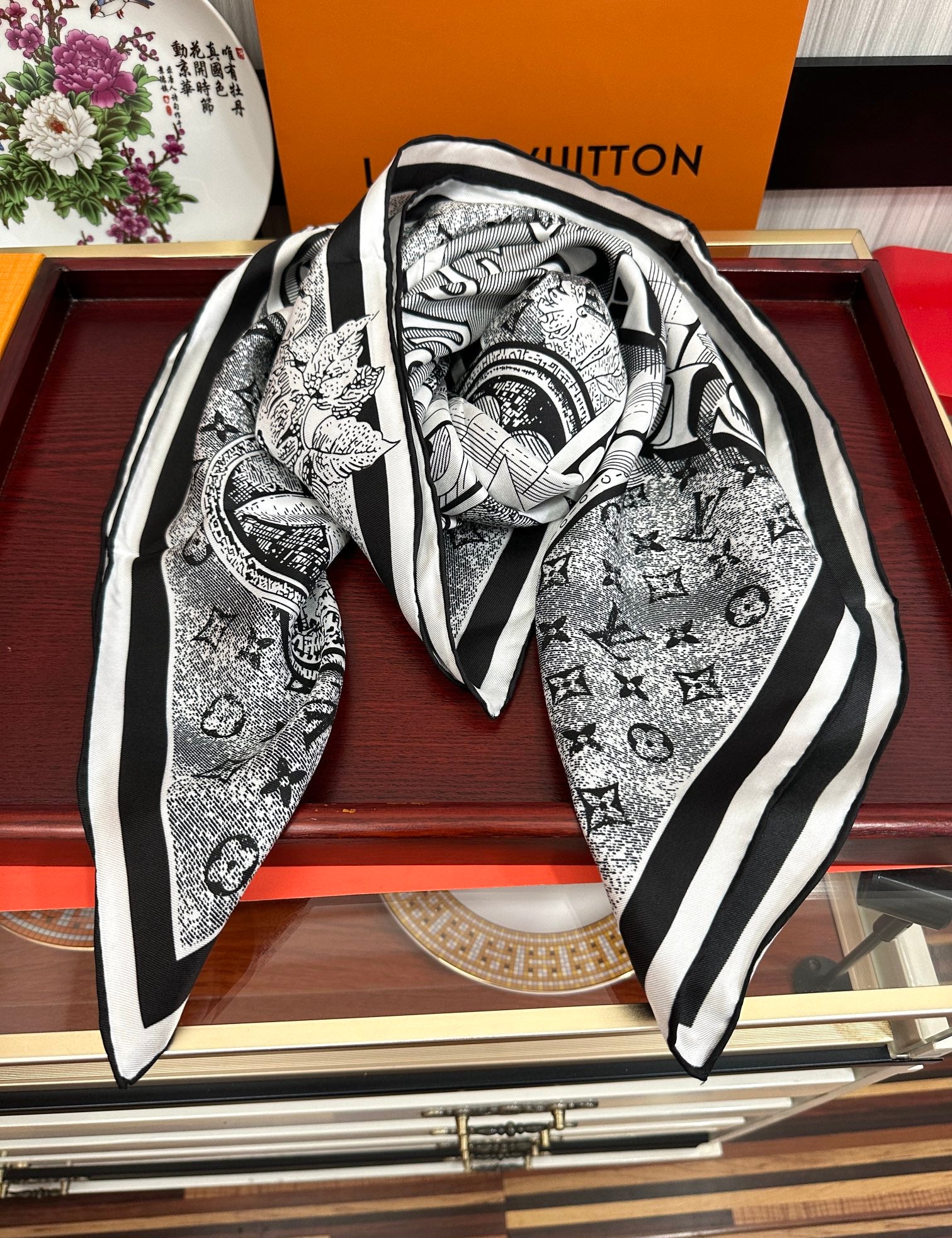 SQUARE SILK SCARF MALLES MERVEILLEUSES 90 CM BLACK MIX WHITE 399997 mysite