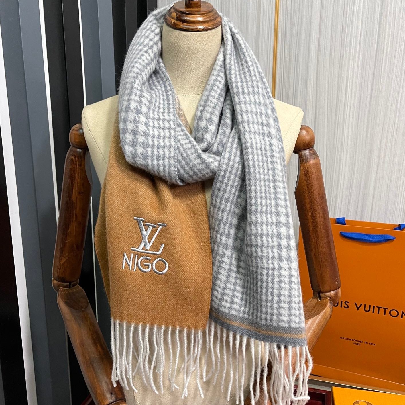 SCARF 200 CM IN BROWN MIX GREY CASHMERE 400011 mysite
