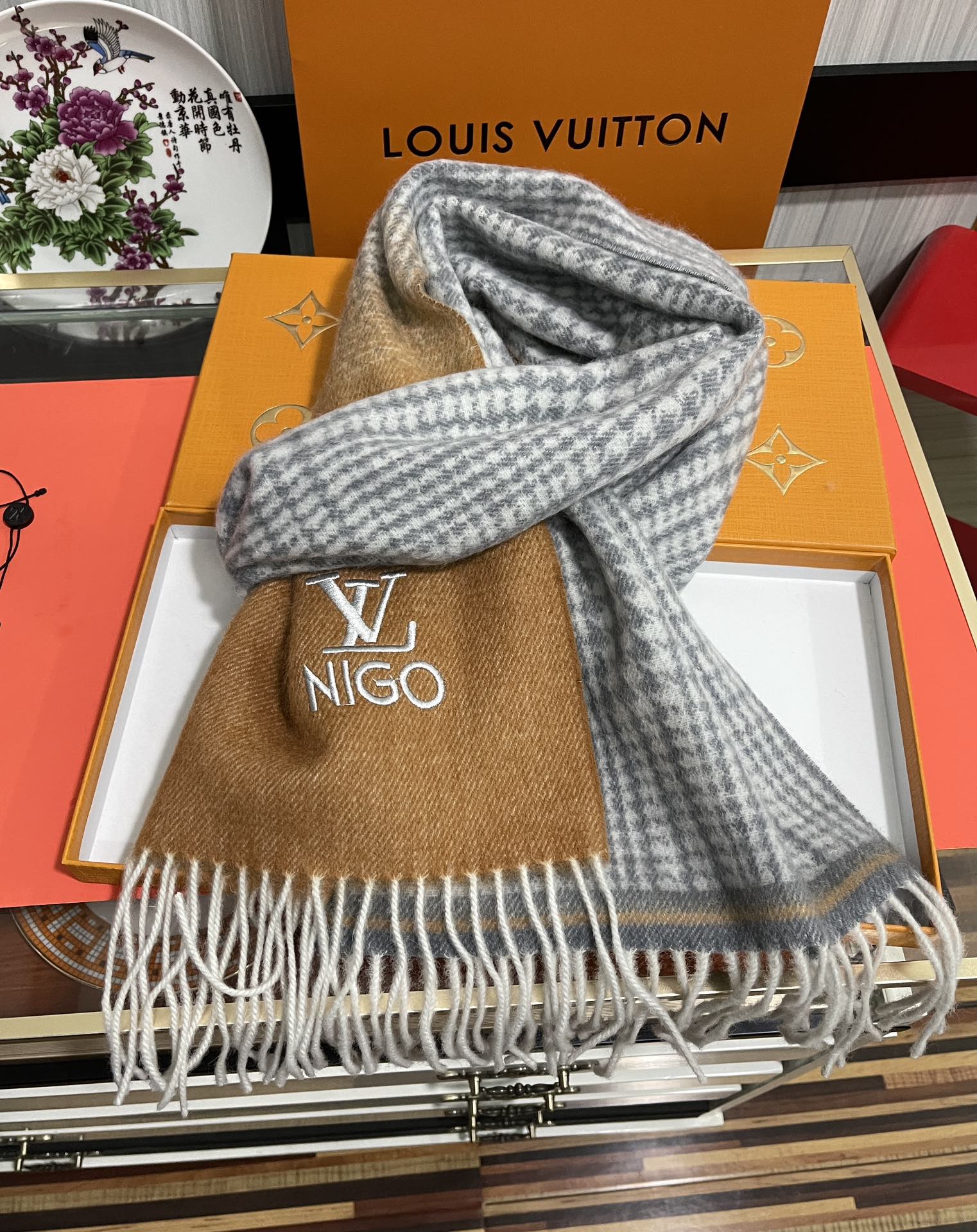 SCARF 200 CM IN BROWN MIX GREY CASHMERE 400011 mysite