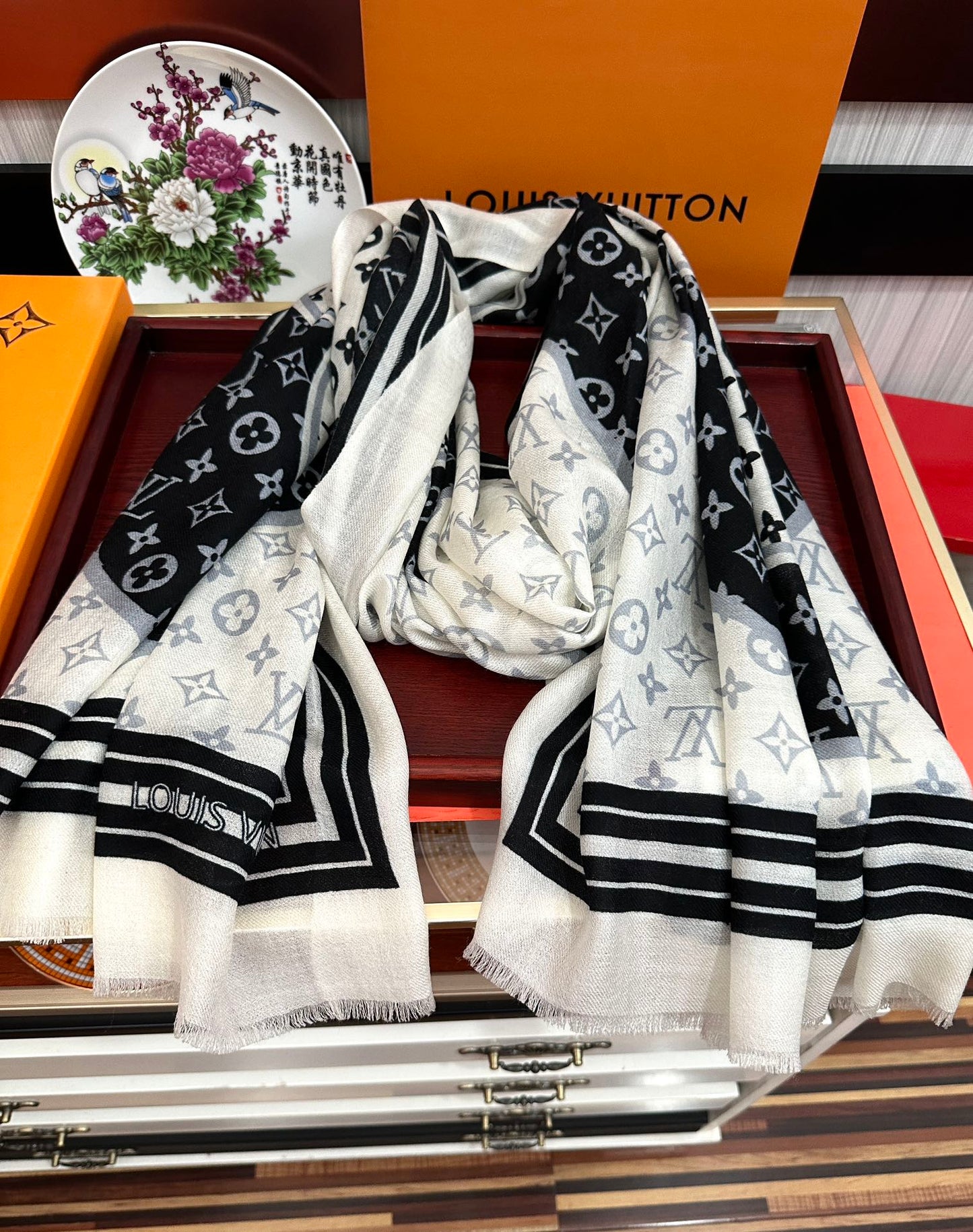 SCARF 200 CM IN BLACK MIX WHITE CASHMERE 400032 mysite