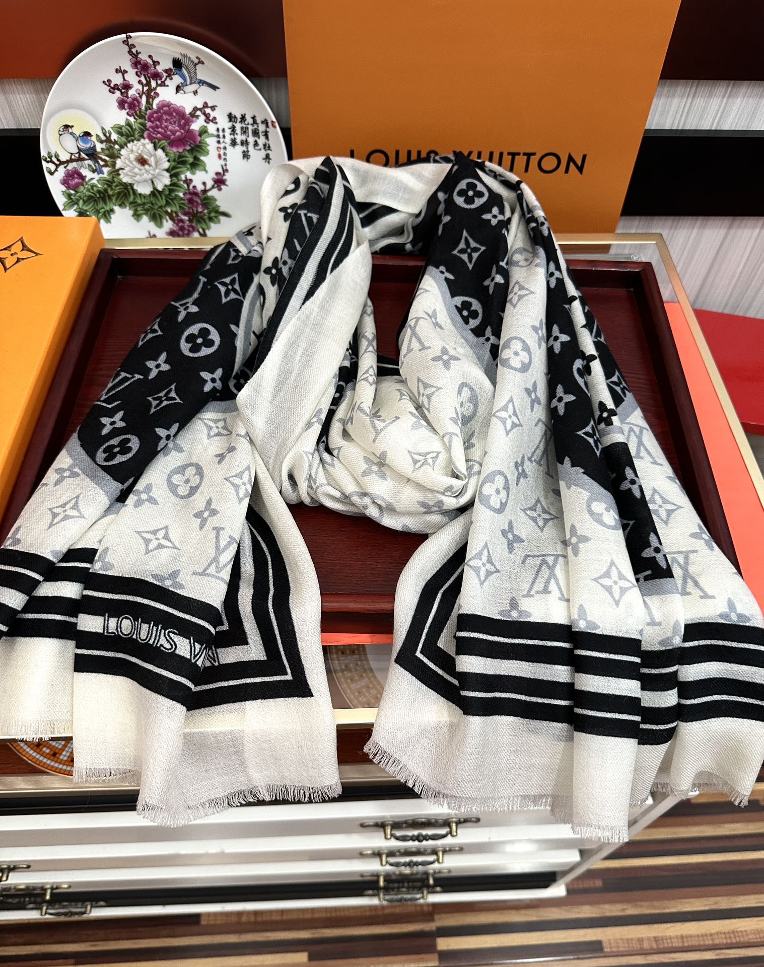 SCARF 200 CM IN BLACK MIX WHITE CASHMERE 400032 mysite