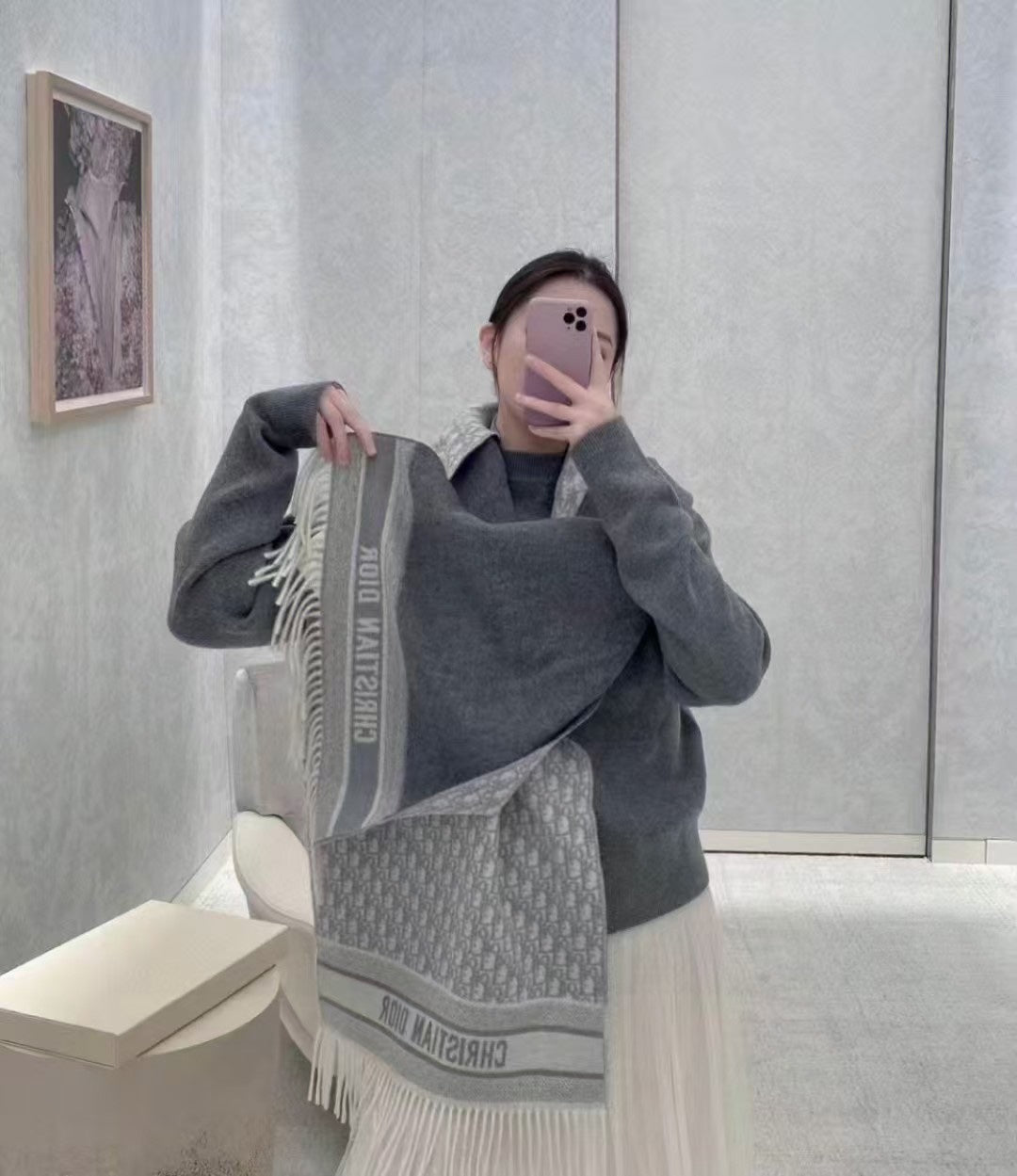 OBLIQUE 190 CM SCARF IN LIGHT GREY TECHNICAL CASHMERE 415487 mysite