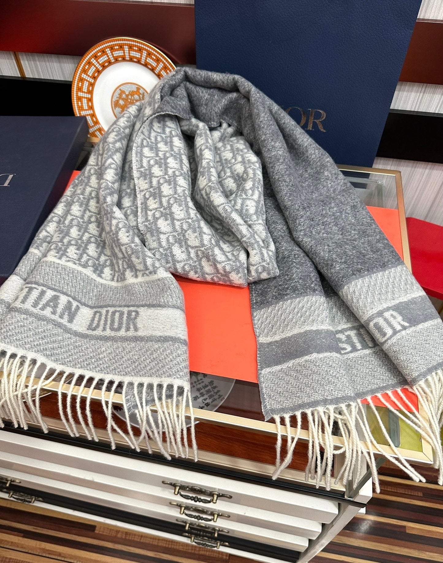 OBLIQUE 190 CM SCARF IN LIGHT GREY TECHNICAL CASHMERE 415487 mysite