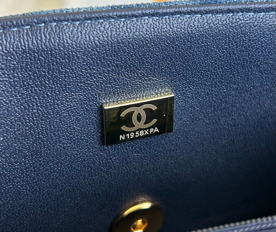 MINI FLAP BAG 20 IN CLASSIC BLUE DENIM GOLD HARDWARE mysite