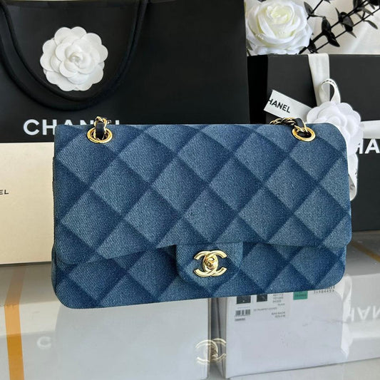 MINI FLAP BAG 20 IN CLASSIC BLUE DENIM GOLD HARDWARE mysite