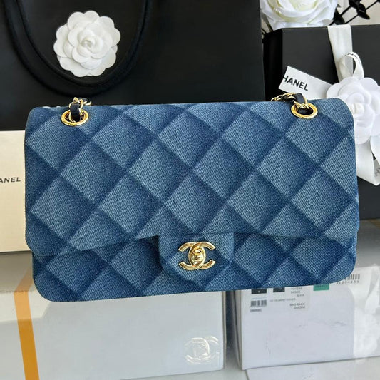 MEDIUM FLAP BAG 25 IN CLASSIC BLUE DENIM GOLD HARDWARE mysite