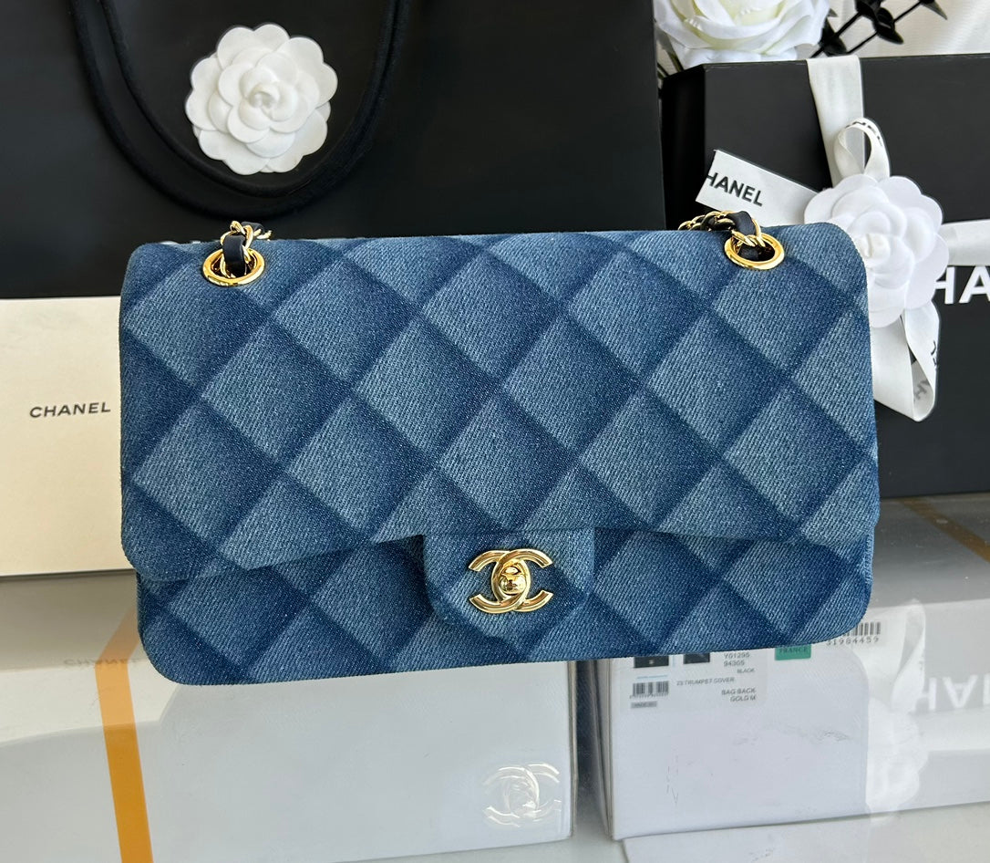MINI FLAP BAG 20 IN CLASSIC BLUE DENIM GOLD HARDWARE mysite