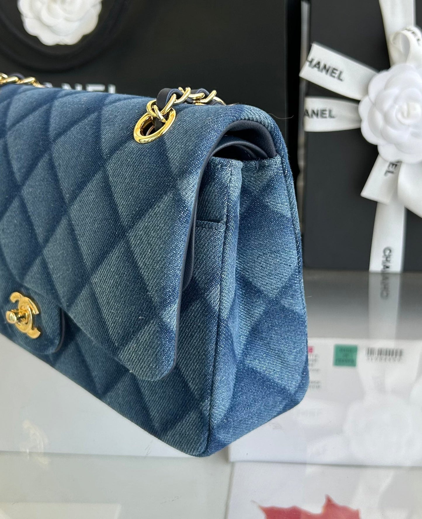 MINI FLAP BAG 20 IN CLASSIC BLUE DENIM GOLD HARDWARE mysite
