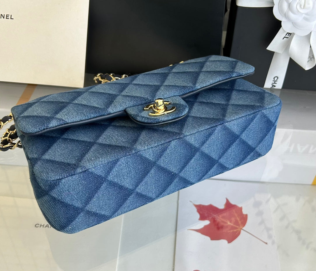 MINI FLAP BAG 20 IN CLASSIC BLUE DENIM GOLD HARDWARE mysite