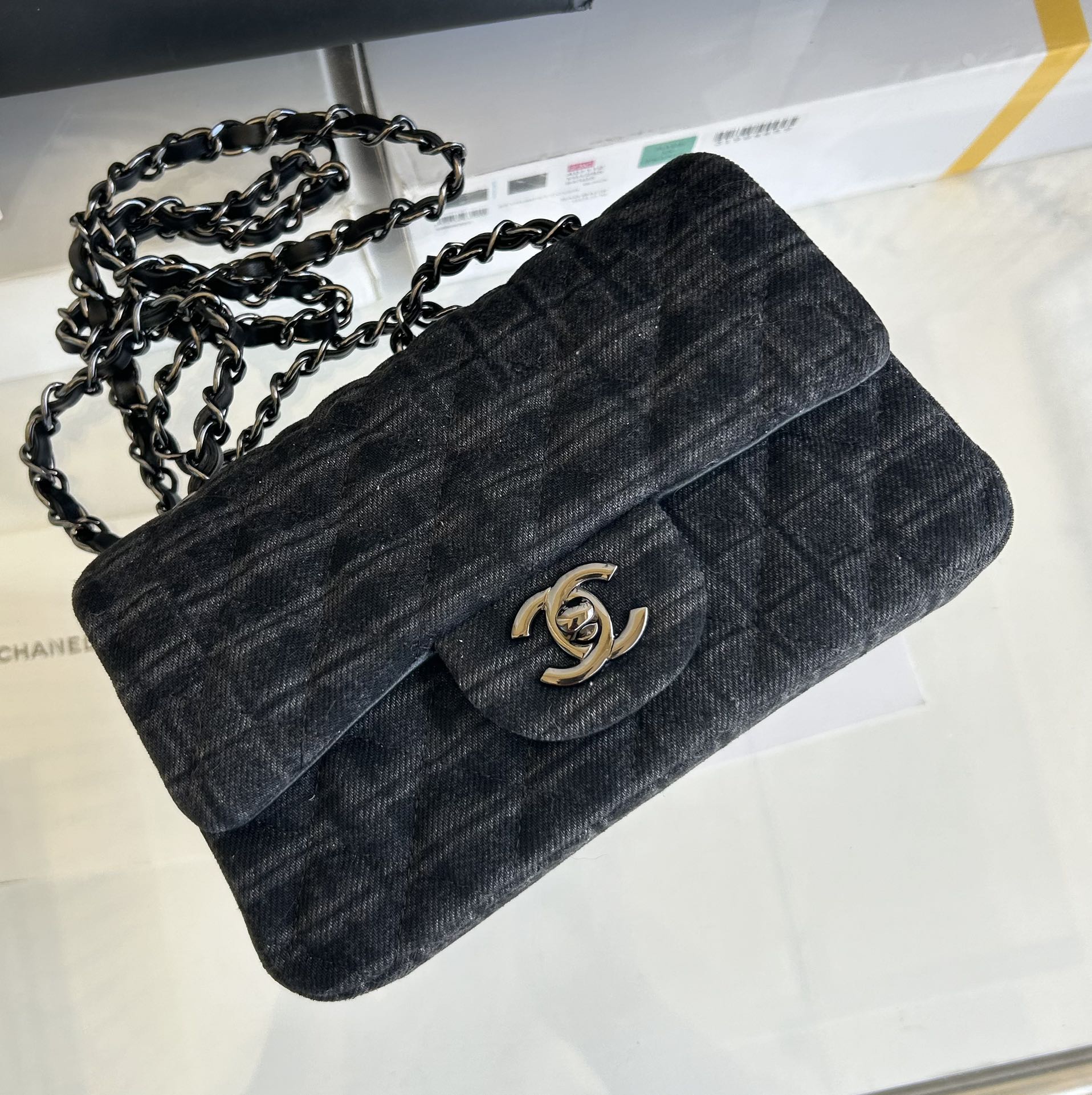 SMALL FLAP BAG 20 IN BLACK DENIM AND CALFSKIN LINING SILVER HARDWARE mysite