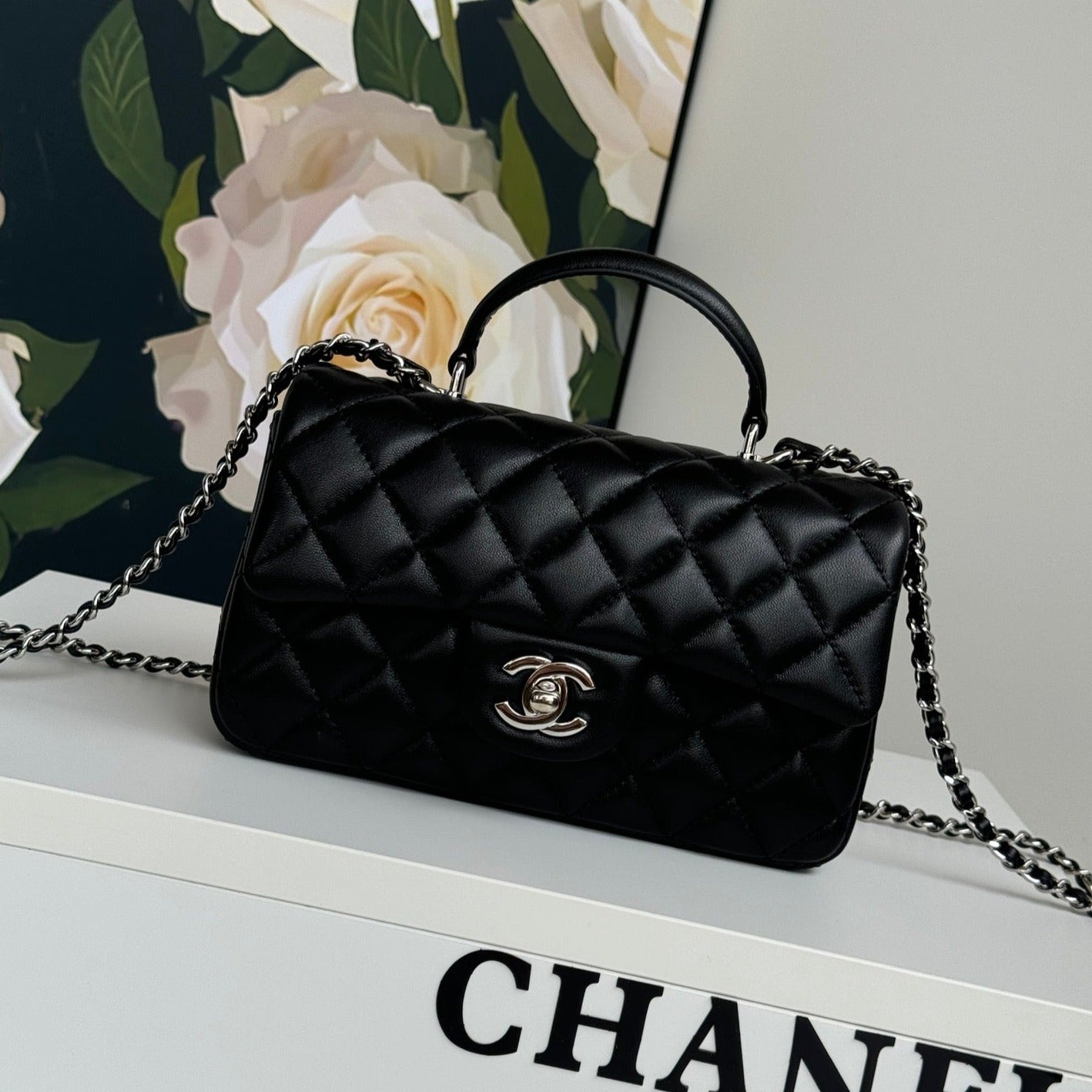 24c mini flap bag 20cm with top handle black calfskin silver hardware mysite