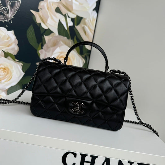 24c mini flap bag 20cm with top handle all black calfskin mysite