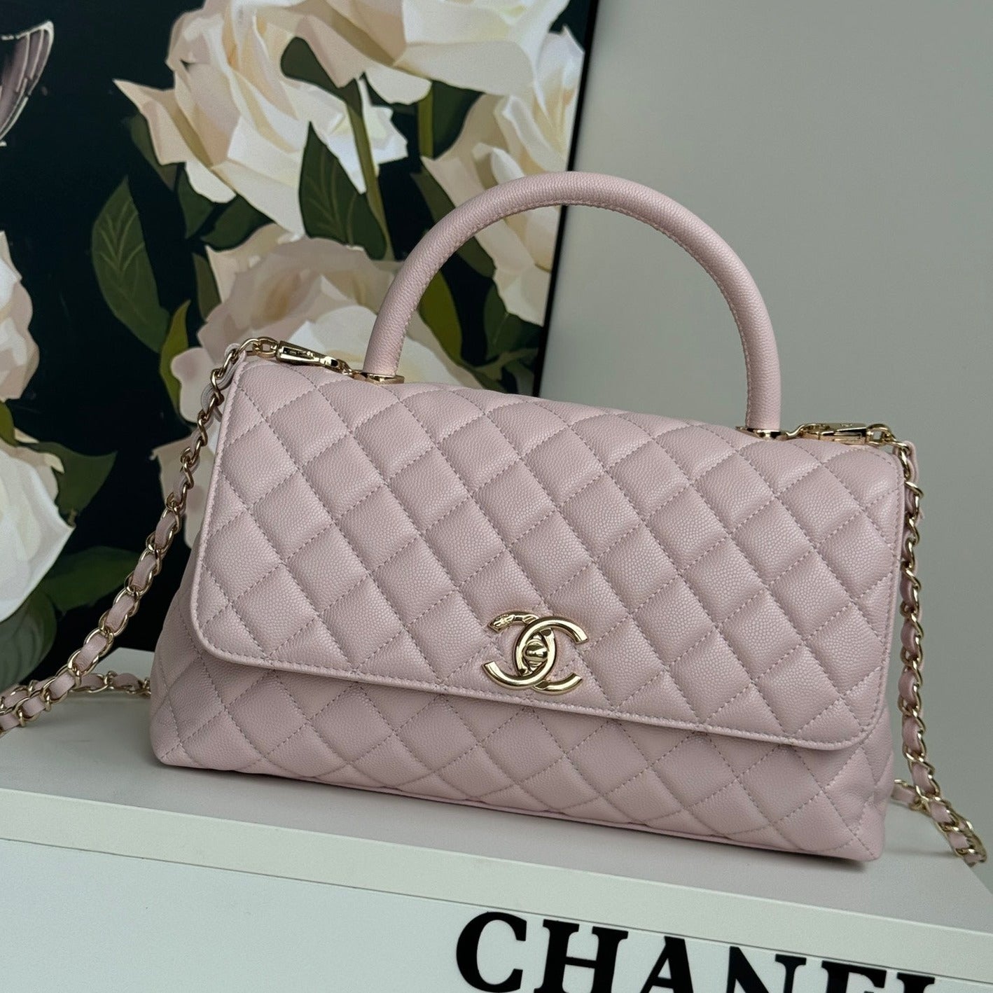 coco handle medium 29cm pastel pink quilted caviar leather gold hardware mysite