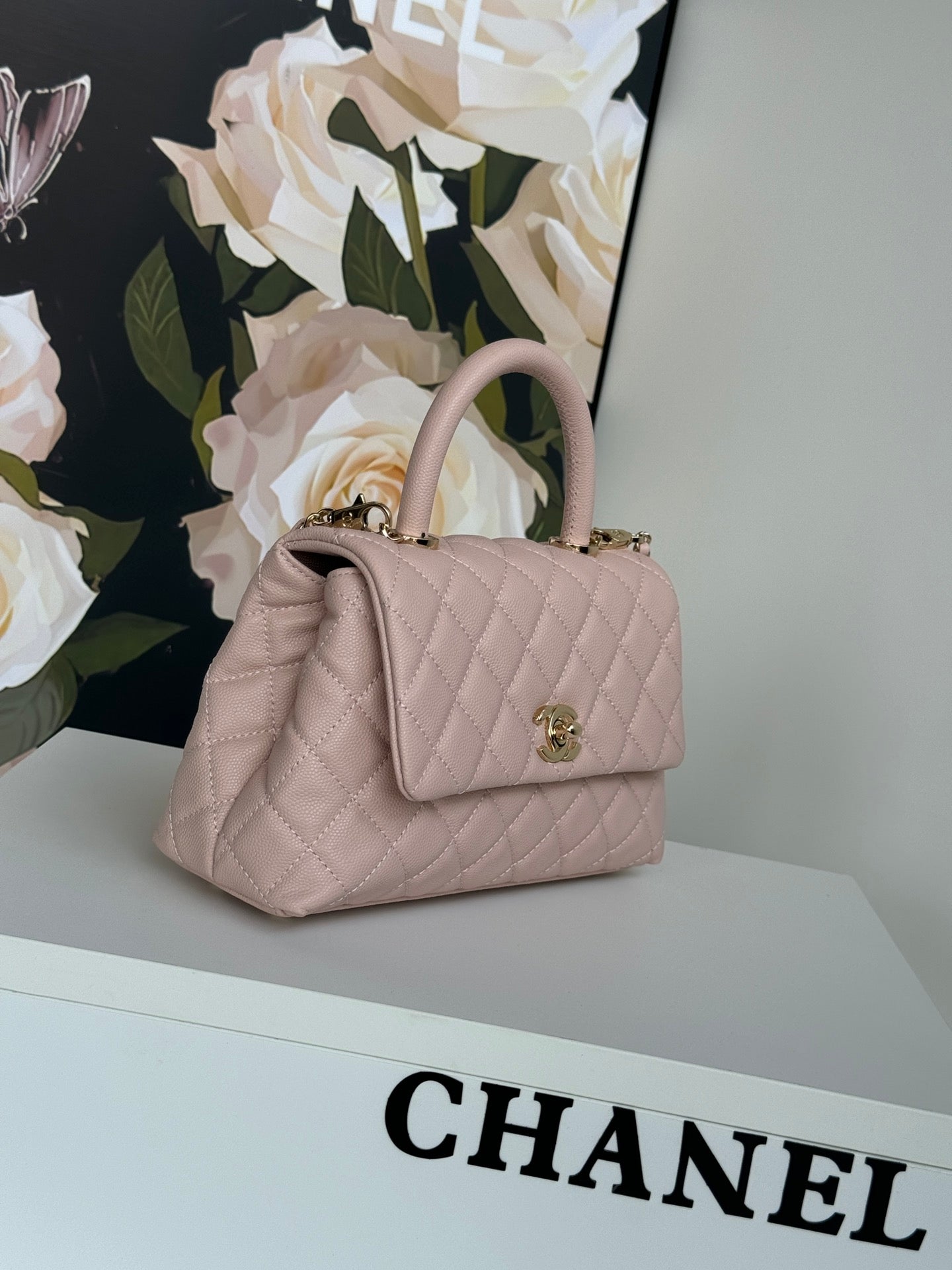 coco handle flap bag 24cm pastel pink quilted caviar leather mysite