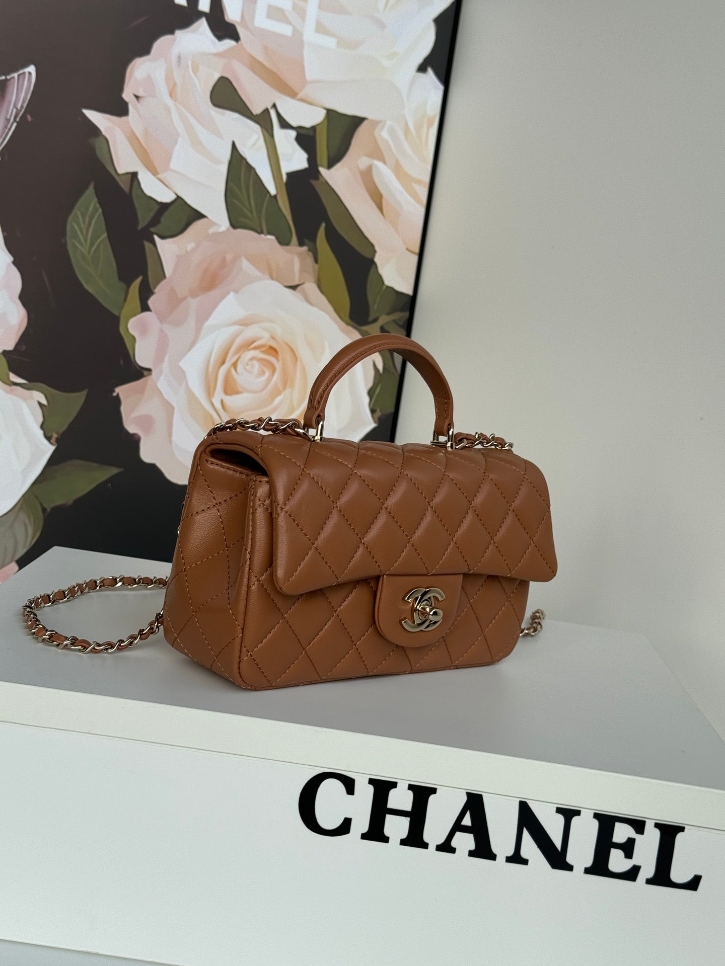 FLAP BAG 20 IN BRONZE BROWN LAMBSKIN WITH HANDLE mysite