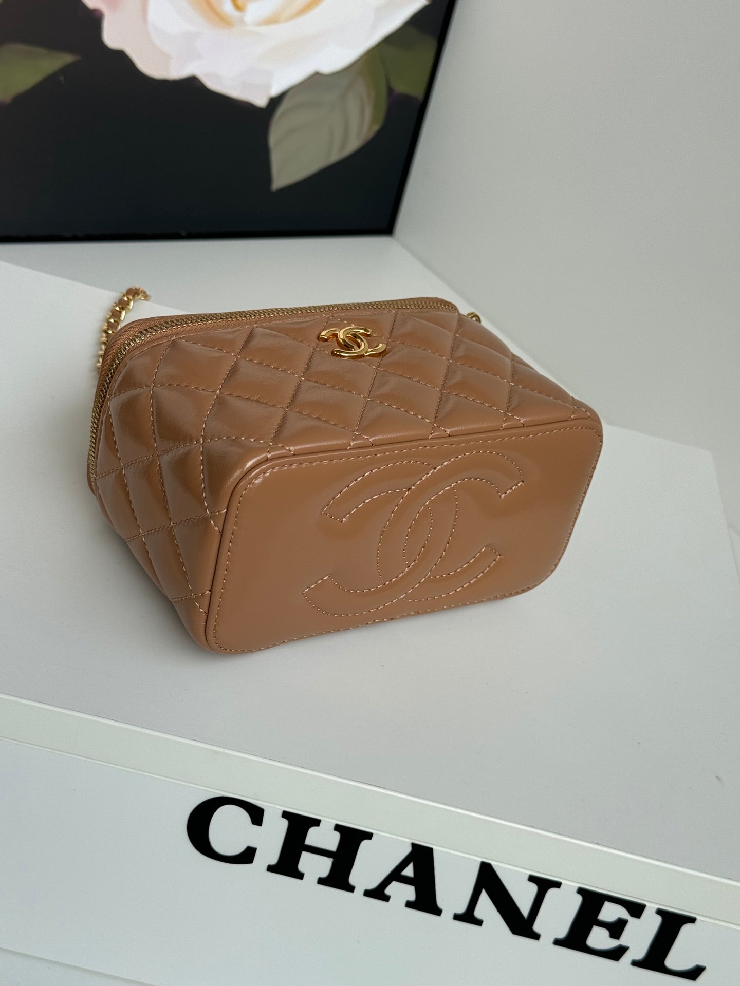 SMALL VANITY CASE 17 WITH HANDLE IN RUSSET BROWN CALFSKIN GOLD METAL CHAIN mysite