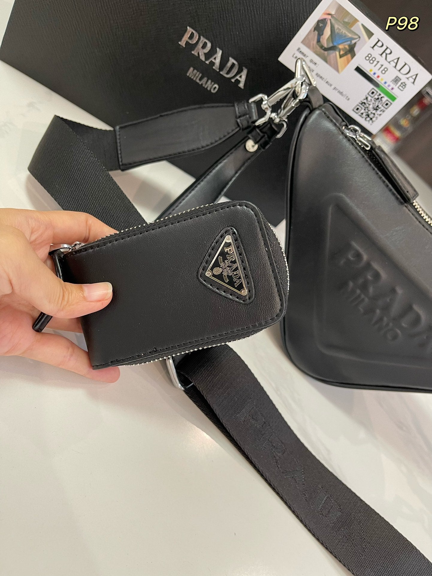 PRA TRIANGLE 27 SHOULDER BAG IN BLACK CALFSKIN WITH STRAP mysite