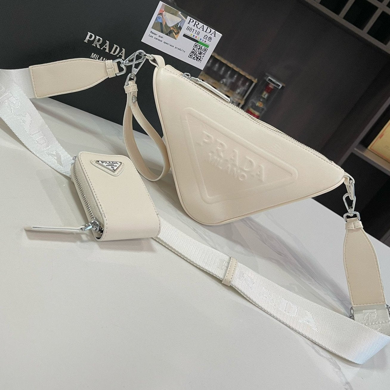 PRA TRIANGLE 27 SHOULDER BAG IN WHITE CALFSKIN WITH STRAP mysite